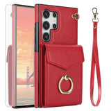 Phone Case For Samsung Galaxy S24 Ultra 5G Wallet Cover With Tempered Glass Screen Protector And Rfid Blocking Ring Card Holder Leather Cell Accessories S24Ultra 24S S 24 24Ultra Women Men Red