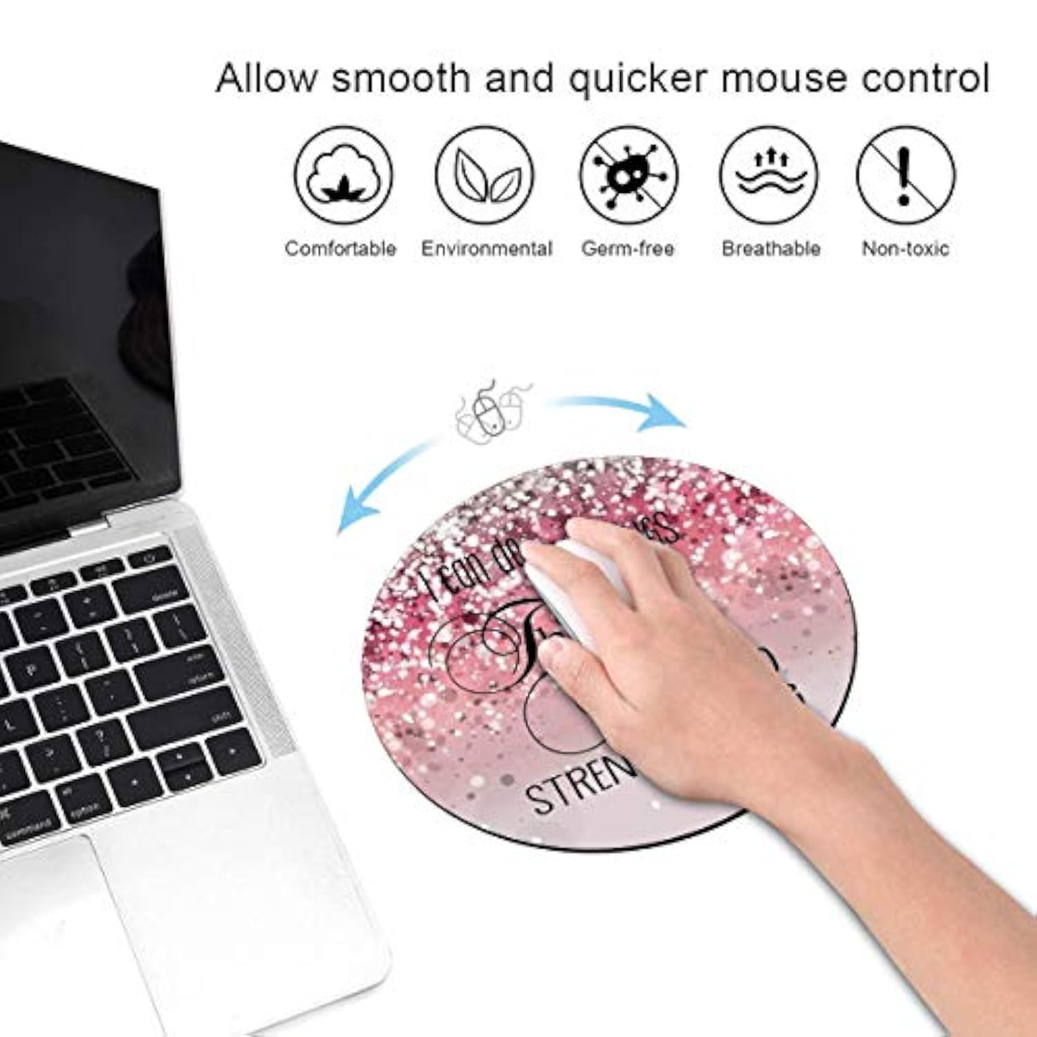 Round Mouse Pad And Coasters Set, Pink Glitter Mousepad, Inspirational Quotes Christian Bible Verse Phil 4-13 Mousepad, Non-Slip Rubber Base Mouse Pads For Laptop And Computer