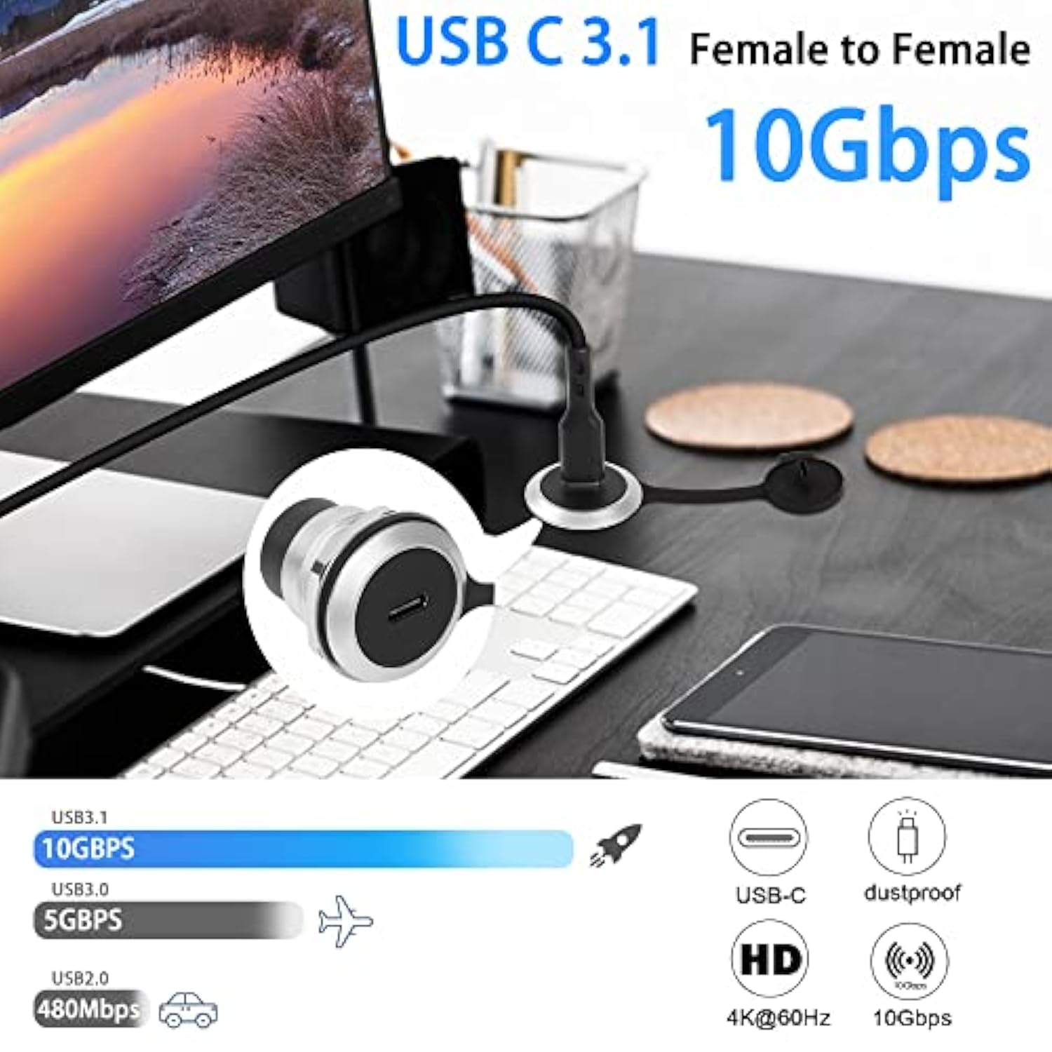 Usb C Panel Threaded Fixed Mount Coupler Adapter Usb3.1 Type C Female To Femal