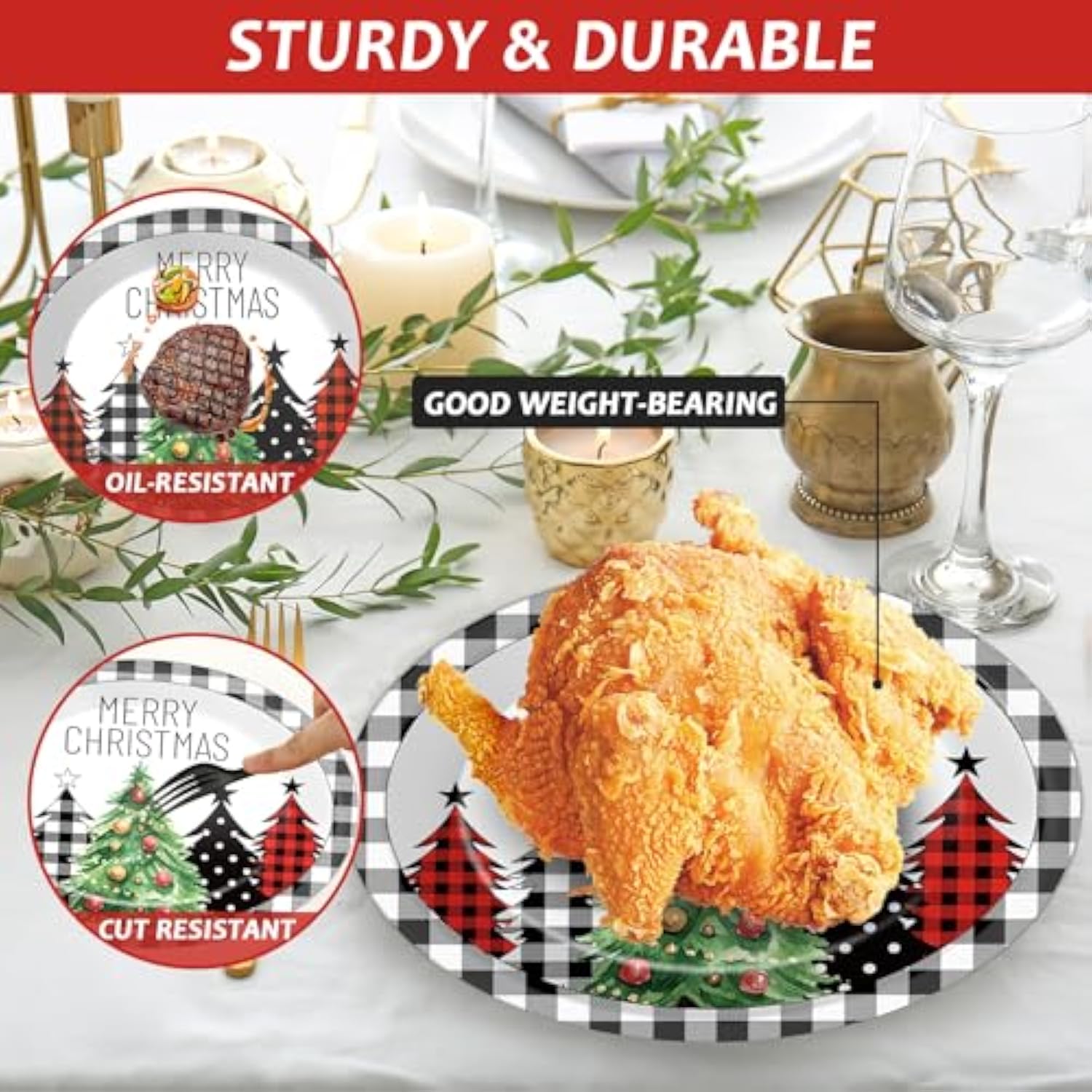 50Pcs Christmas Buffalo Plaid Tree Oval Paper Plates 11 Inch Black White Gingham Party Supplies Merry Christmas Disposable Dinnerware Plates Xmas Serving Tray For Holiday Party Supplies Decorations