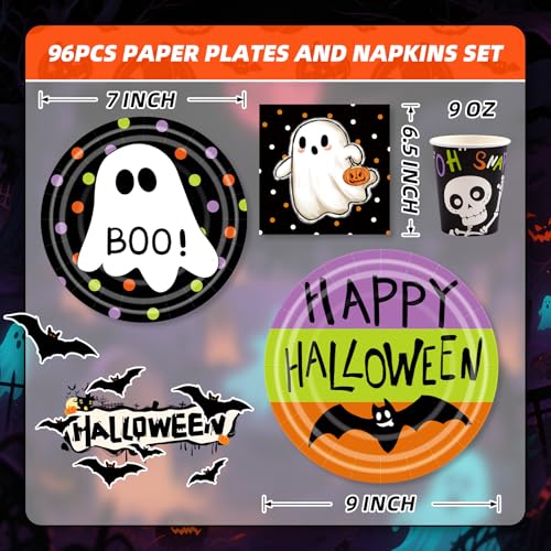96 Pcs Halloween Paper Plates Set - Include Paper Plates Cups Napkins for Halloween Party Supplies, Serve 24 Guests