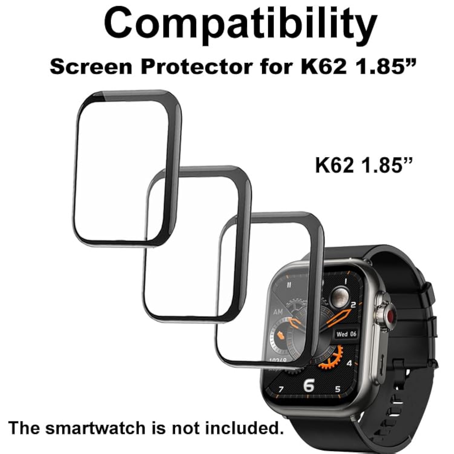 3D Screen Protector Compatible With Jacoosa K62 1.85 Inches Fitness Tracker Smart Watch, Pmma Material, Anti-Shatter, Full Coverage, With Non-Slip Pad Sticker, 3-Pack