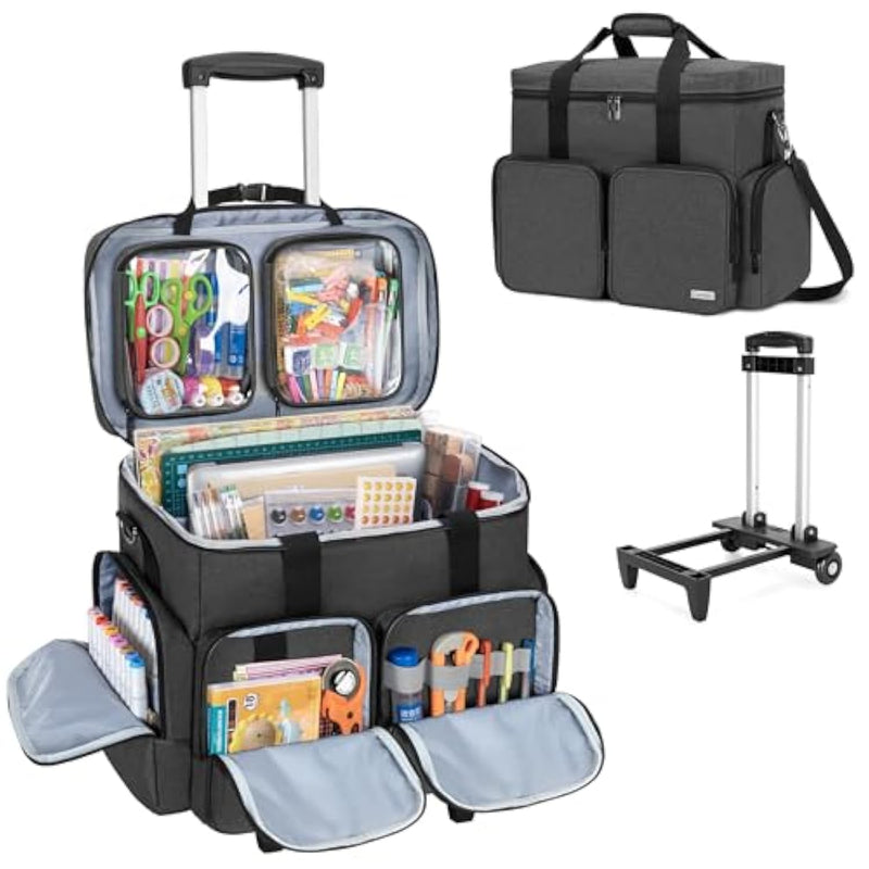 Rolling Scrapbook Tote On Wheels, Scrapbook Storage Bag With Detachable Trolley And Bottom Wooden Board, Rolling Craft Bag For Scrapbooking Supplies, Black