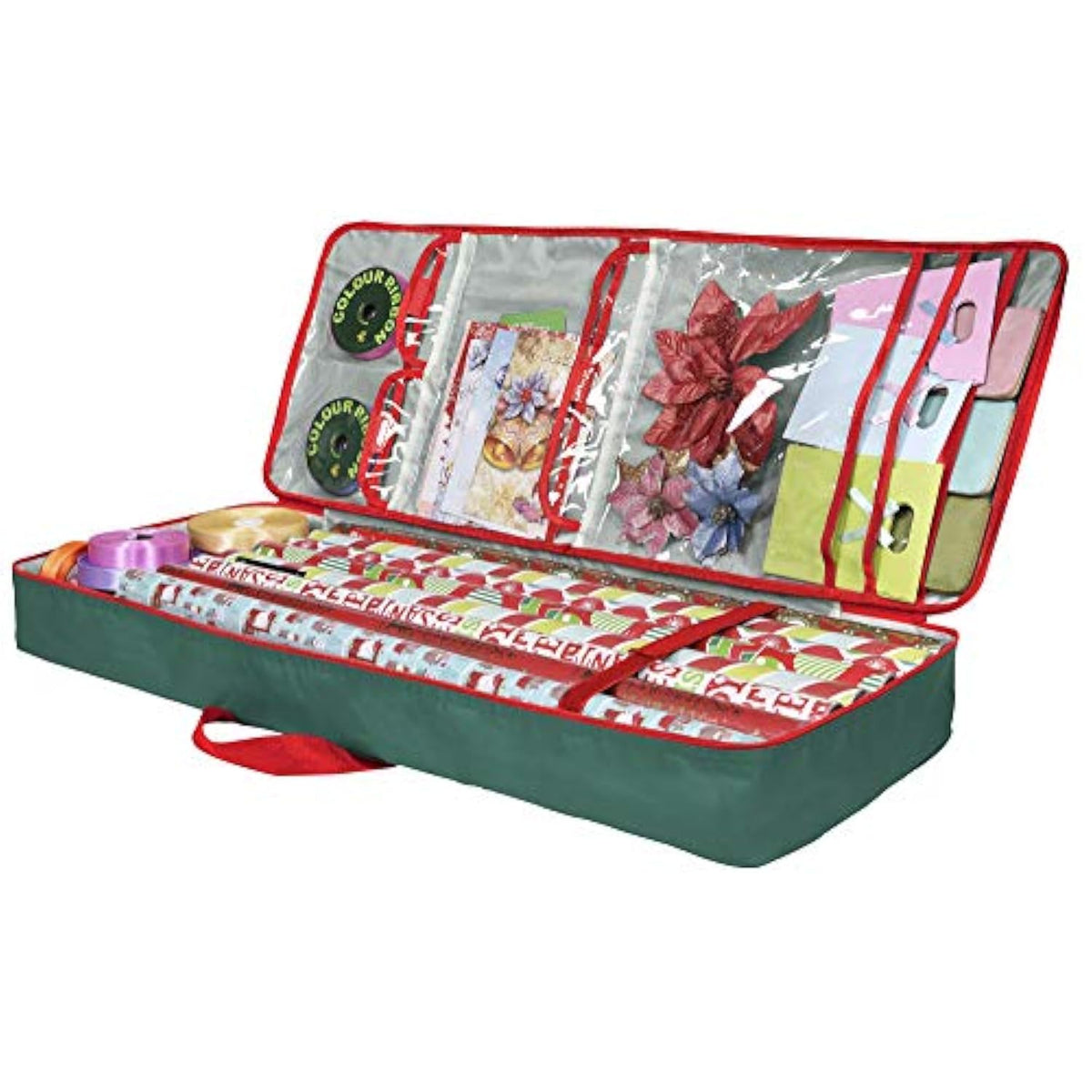 Christmas Wrapping Paper Storage Box With Pockets | Long Gift Wrap Storage Container Bag (37” X 14” X 4”) Constructed Of Durable 600D Oxford Material (Green)