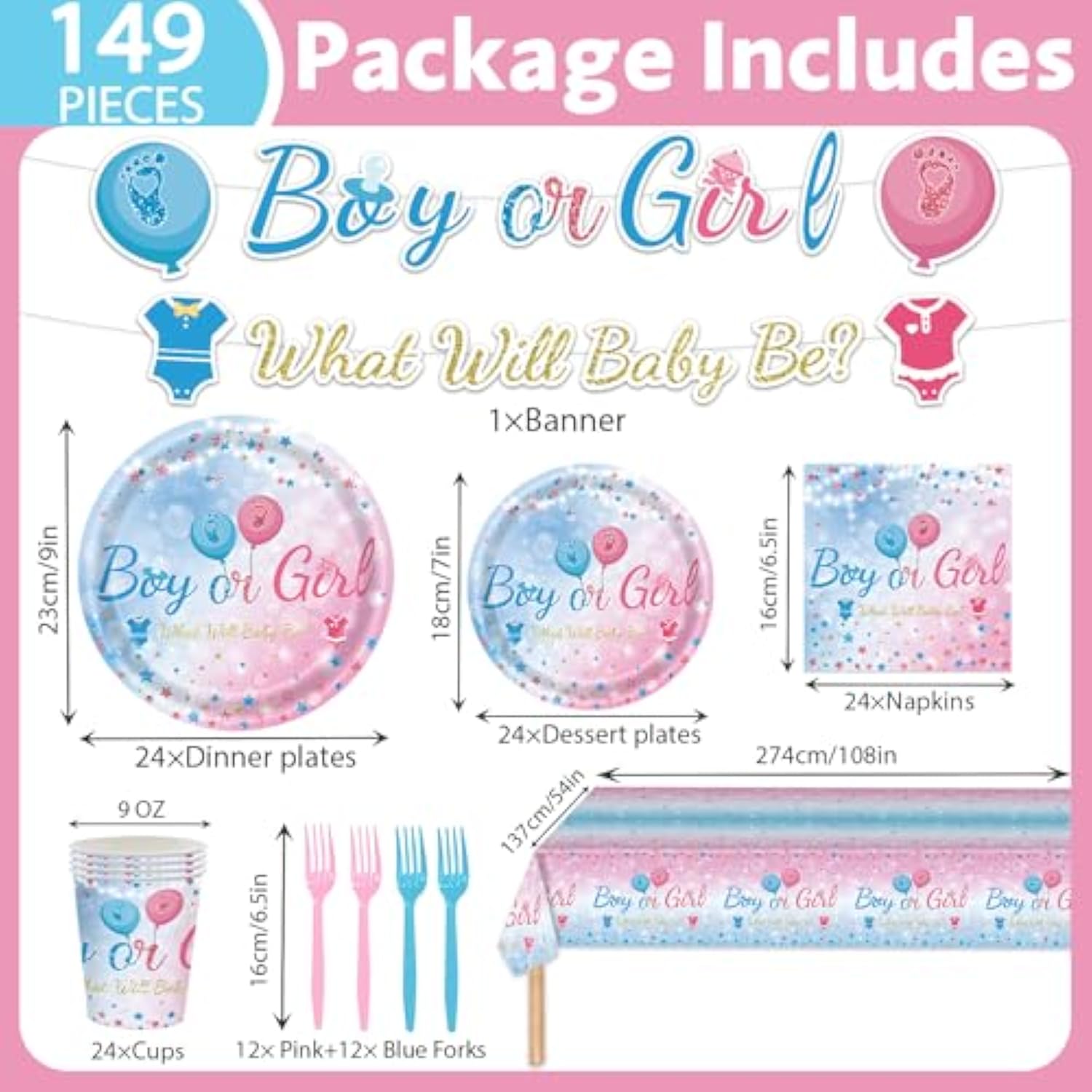 149 Pcs Gender Reveal Birthday Party Supplies Decorations Tableware Set Baby Gender Reveal Party Plates Napkins Forks For Baby Shower Serves 24