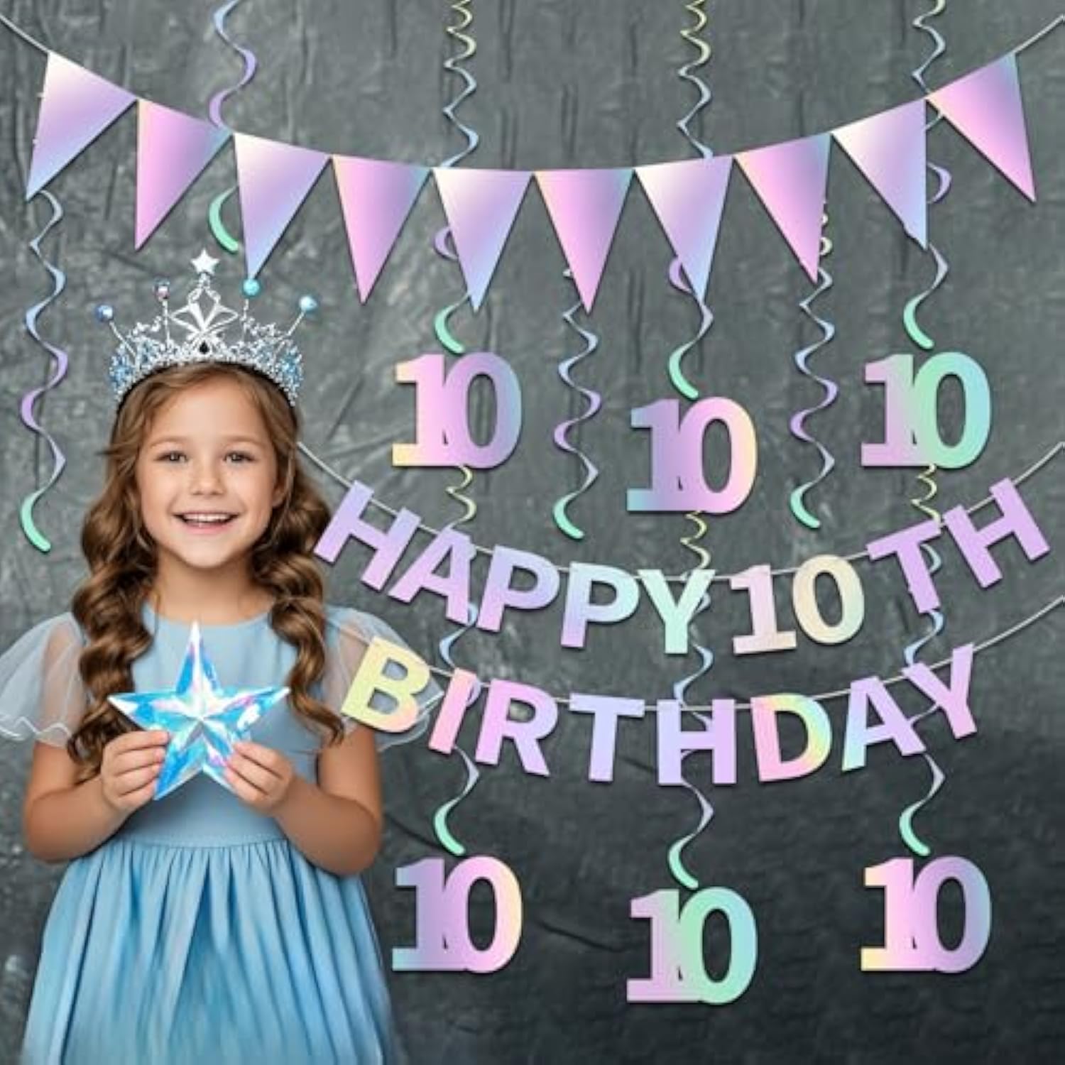 Iridescent Happy 10Th Birthday Decorations Kit For Girls Boys, Pre-Strung 10 Bday Banner Hanging Swirls Bunting Party Supplies, Ten-Year-Old Double Digits Birthday Photo Props Decor