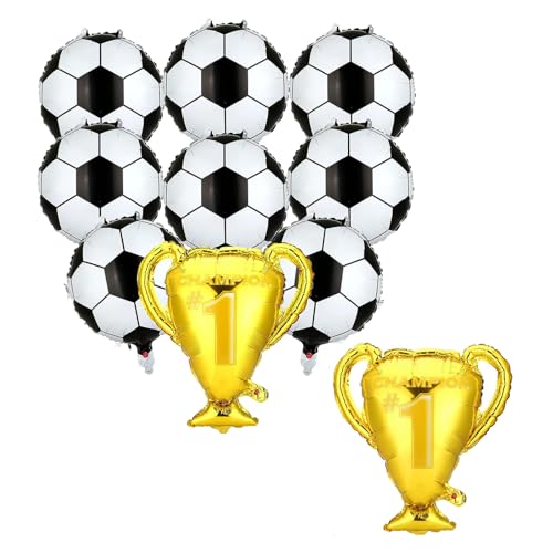 10PCS Championship Trophy and Soccer Foil Balloons Set for Birthday, Baby Shower, Wedding Anniversary, Soccer Themed Party Decoration