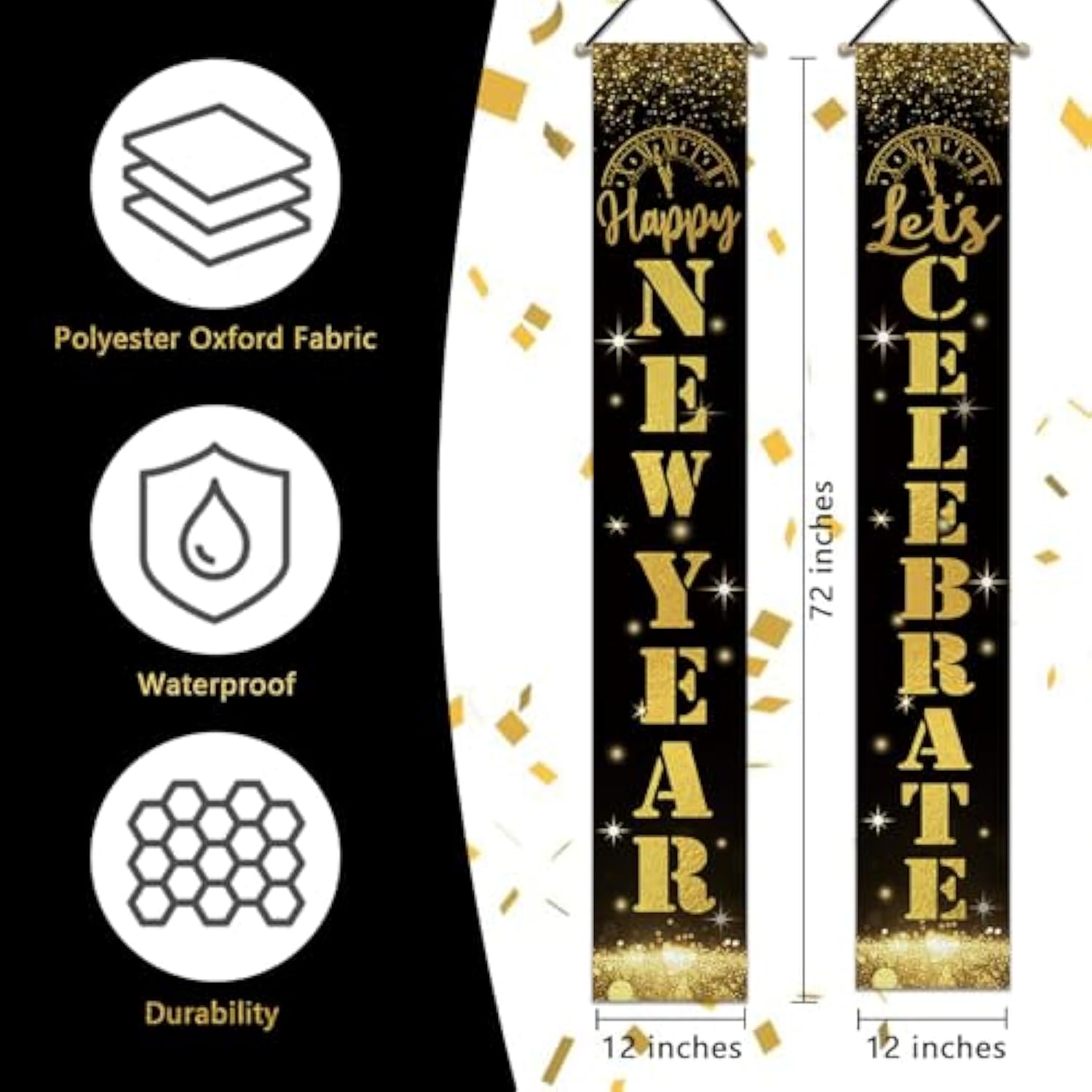 Happy New Year 2026 Porch Banner in Black Gold Glitter for Holiday Party Decor