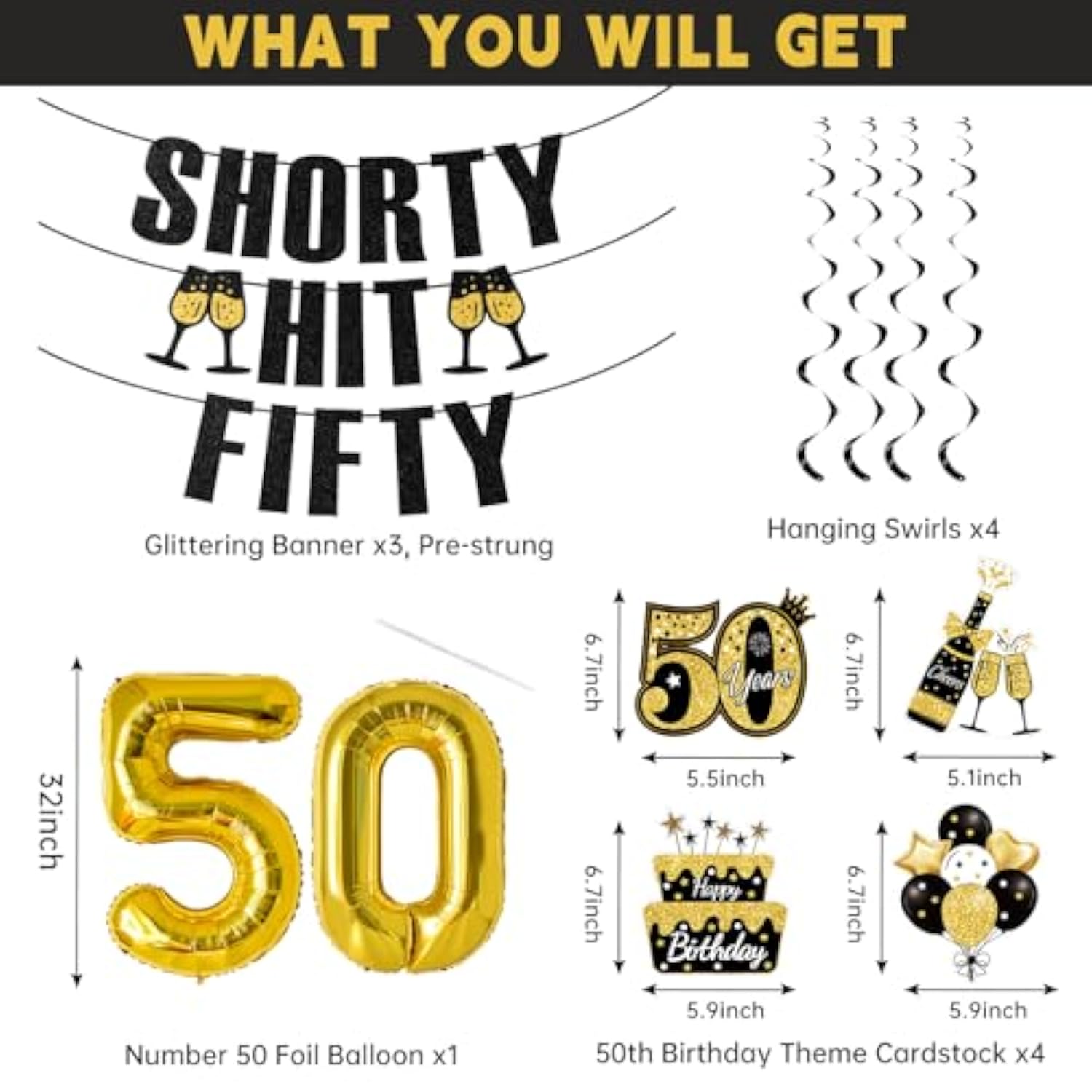 50th Birthday Decorations for Women Black Gold Banner Balloons & Party Swirls