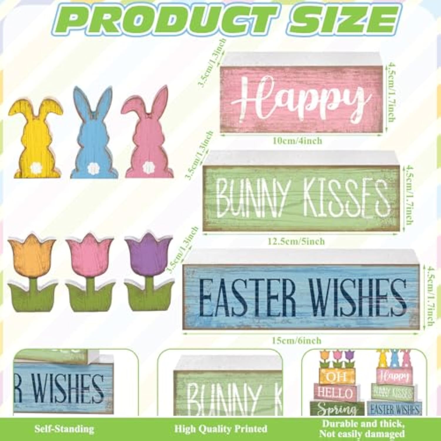 9 Pcs Easter Table Decoration Wooden Pastel Block Sign Reversible Bunny Tulip Centerpieces Farmhouse Double Side Spring Easter Tiered Tray Decor For Home Kitchen Office Desk