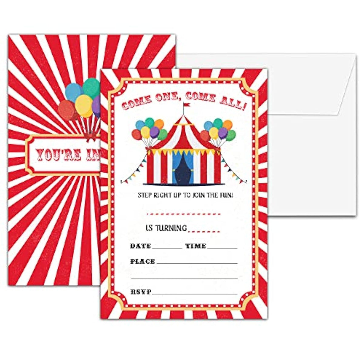 Carnival Birthday Party Invitations, Circus Birthday Invitation, Double-Sided Fill In Invites For Boys Girls, Kids Circus Birthday Party Decorations, 20 Cards With 20 Envelopes(C06)