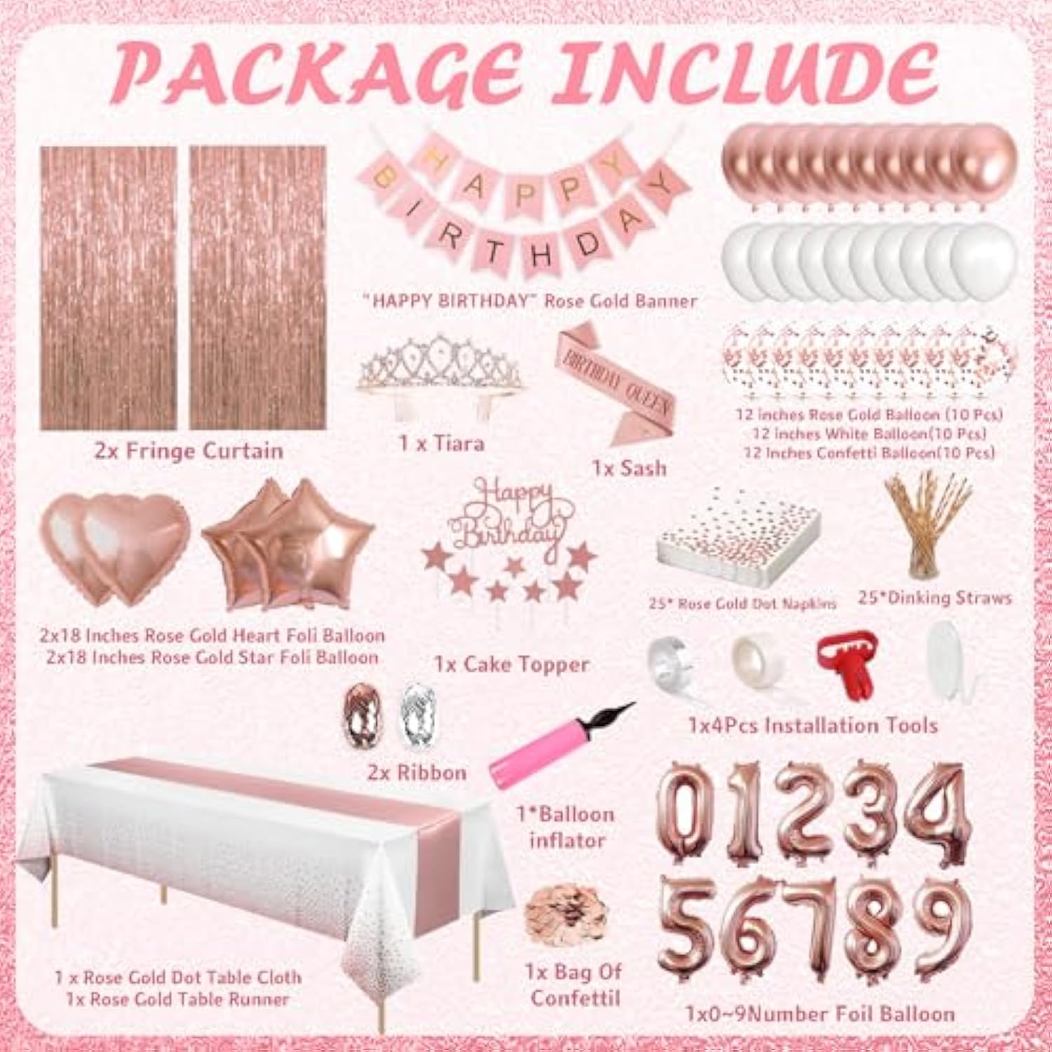 285Pcs Party Supplies Rose Gold Birthday Decorations For Girls And Women, Diy Number Ballons, Fringe Curtain, Tablecloth, Polka Dot Napkins Straws For 25 Guests