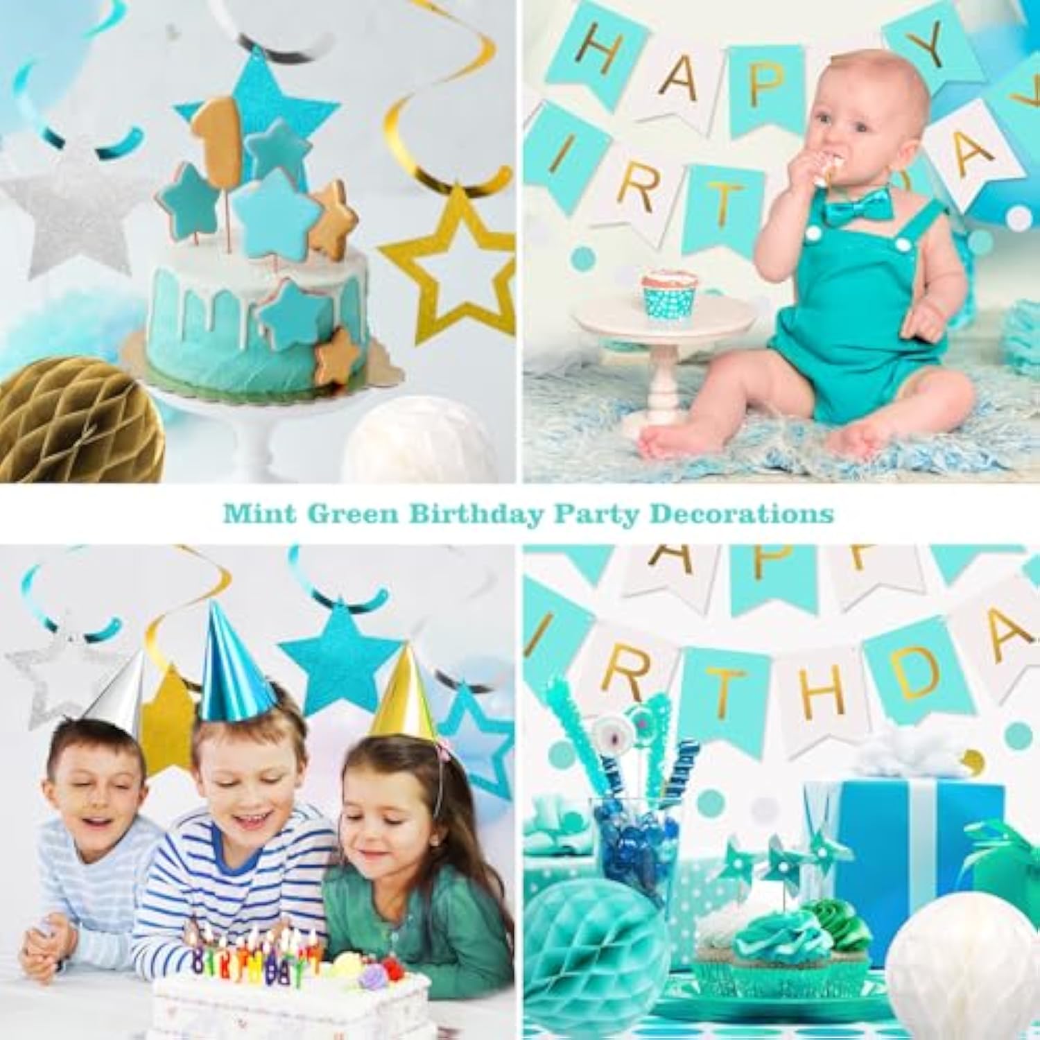 Mint Happy Birthday Party Decorations – Banner, Honeycomb Balls, Star Swirls & Garland for All Ages