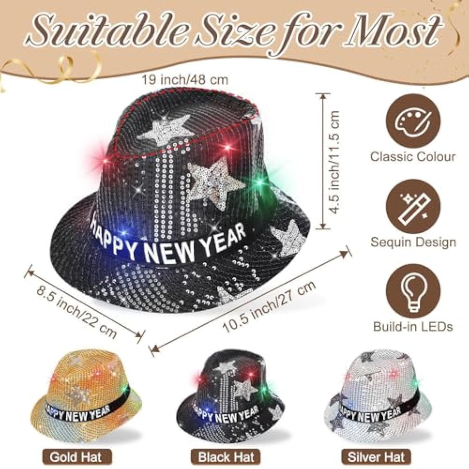 3pc Sequin LED Light Up New Year’s Eve Top Hats Black Gold Silver 2026
