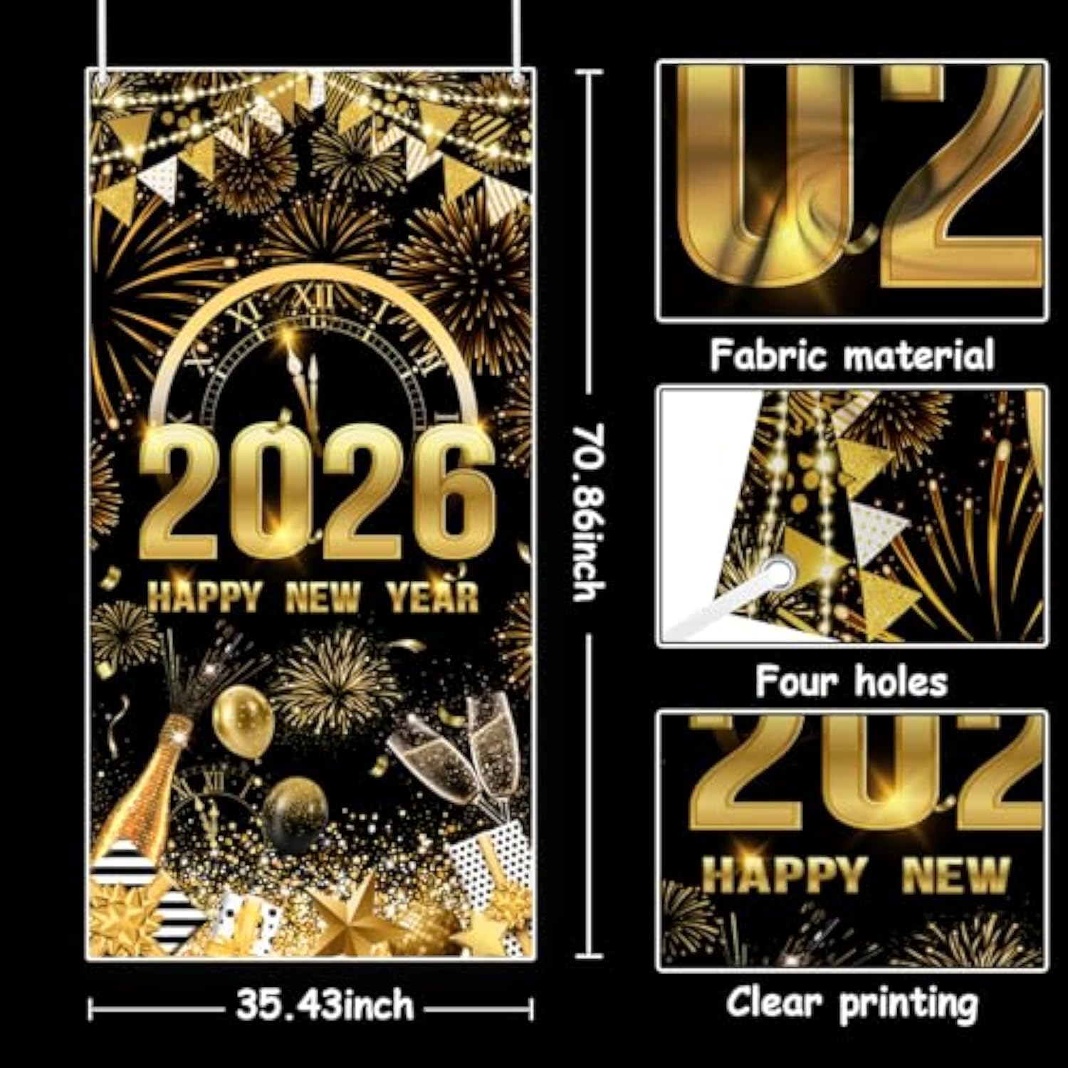 2026 Happy New Year Door Cover Black Gold Party Decor with Balloon and Fireworks