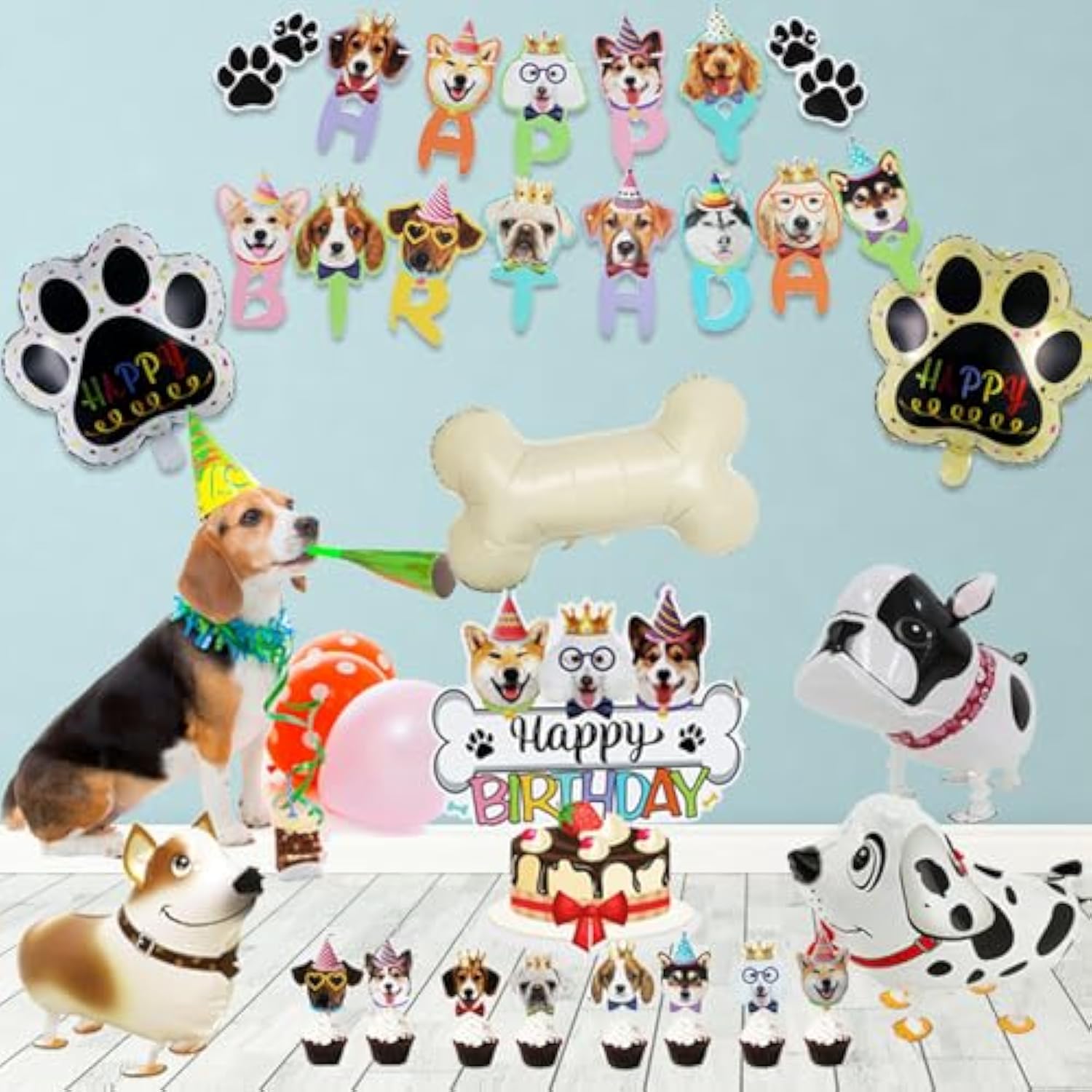 Lets Pa Dog Birthday Party Decorations Girl Boy, Pa Puppy Themed Happy Birthday Banner, Dog & Paw Print Balloons, Cake Toppers (Red)