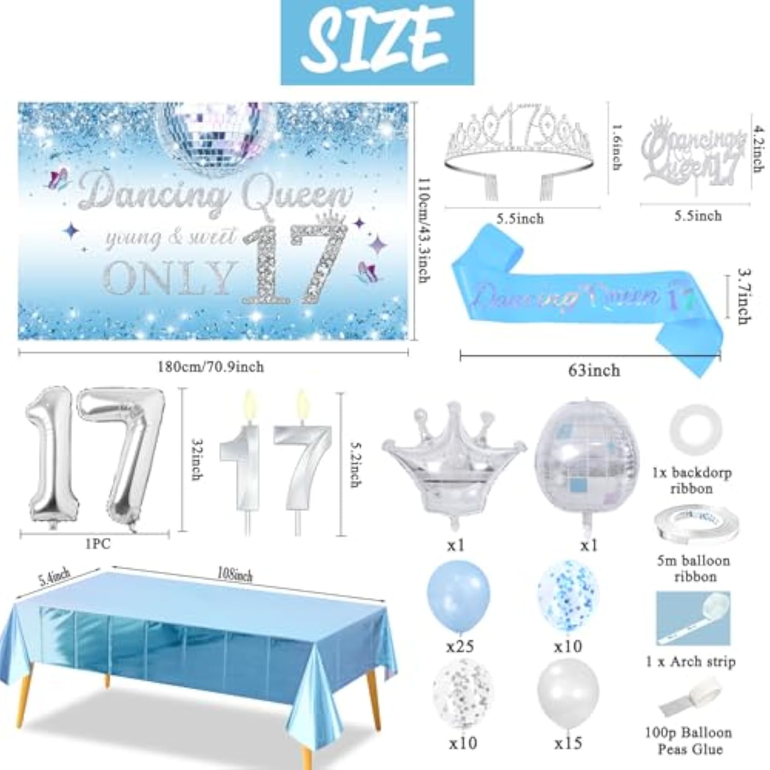 17th Birthday Dancing Queen Party Decoration Set: Blue & Silver