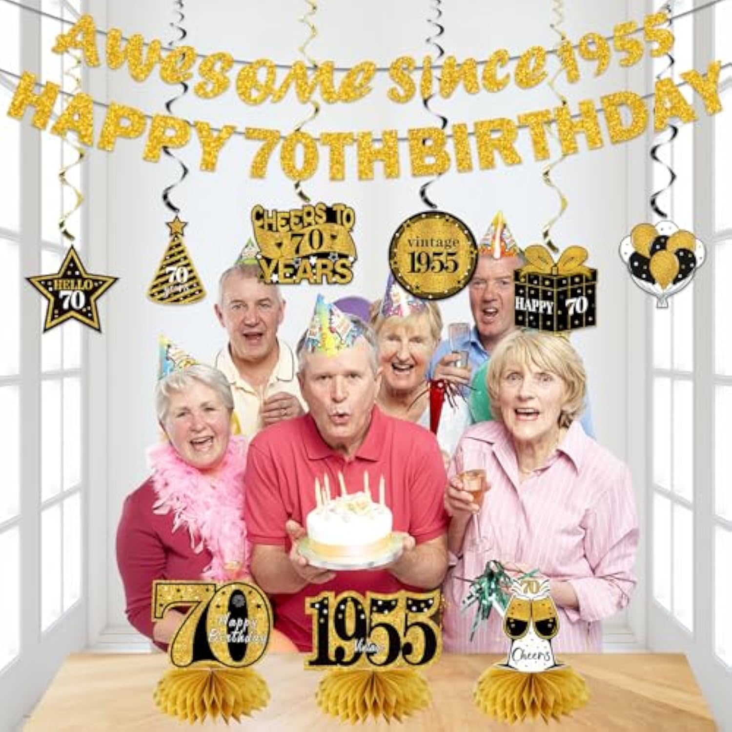 11pcs 70th Birthday Decorations – Black & Gold Banner, Centerpieces, Swirls and Table Toppers