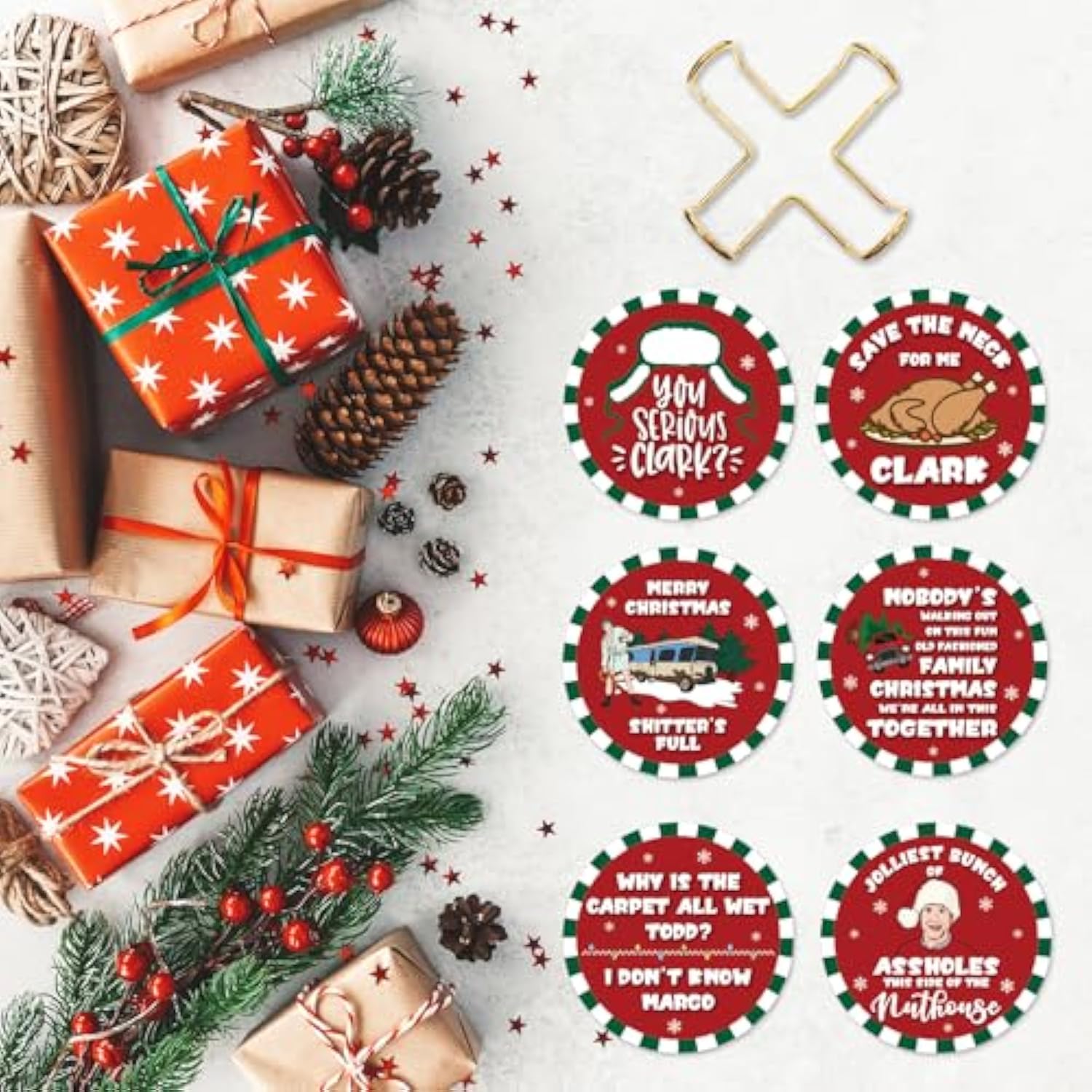 Christmas Vacation Merch Gift, 6 Pcs Funny Holiday Coasters With Metal Holder, Griswold Family Cousin Eddie Christmas Vacation Decorations, Xmas Home Table Decor Party Supplies, White Elephant Gifts