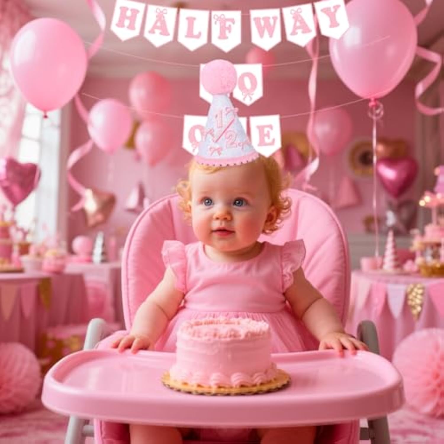 Pink Half Way To One Decorations For Baby Girl, Pink Bow 1/2 Birthday Hat And Pre-Strung Half Birthday Banner For 6 Month 1/2 Birth-Day Party Decorations, Baby Shower Party Photo Shoot