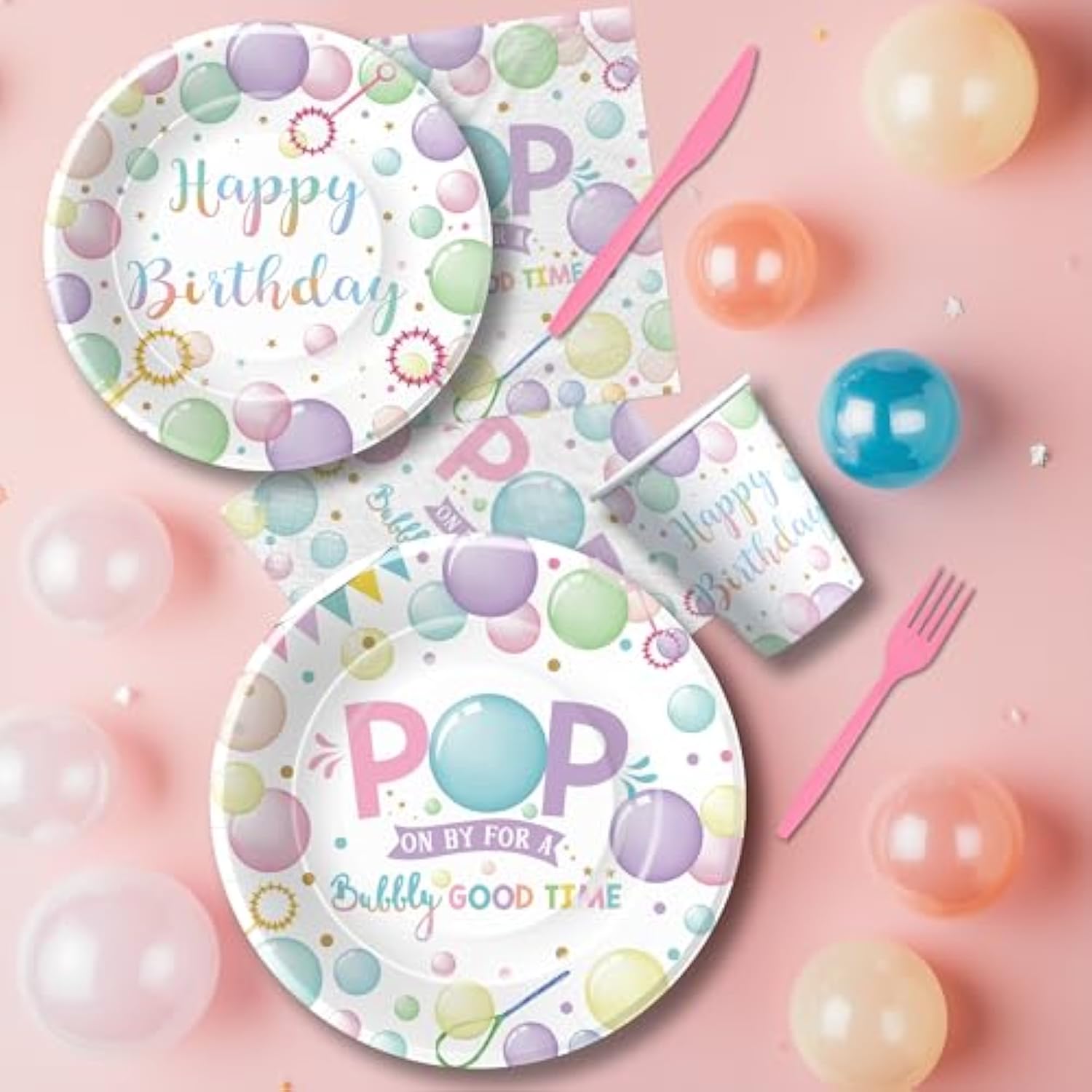 Bubble Birthday Party Decorations Tableware For Girl, Summer Pastel Pop On Over Bubbles Theme Party Supplies For Birthday Baby Shower, Paper Plate, Napkin, Cup, Disposable Cutlery, Serves 24