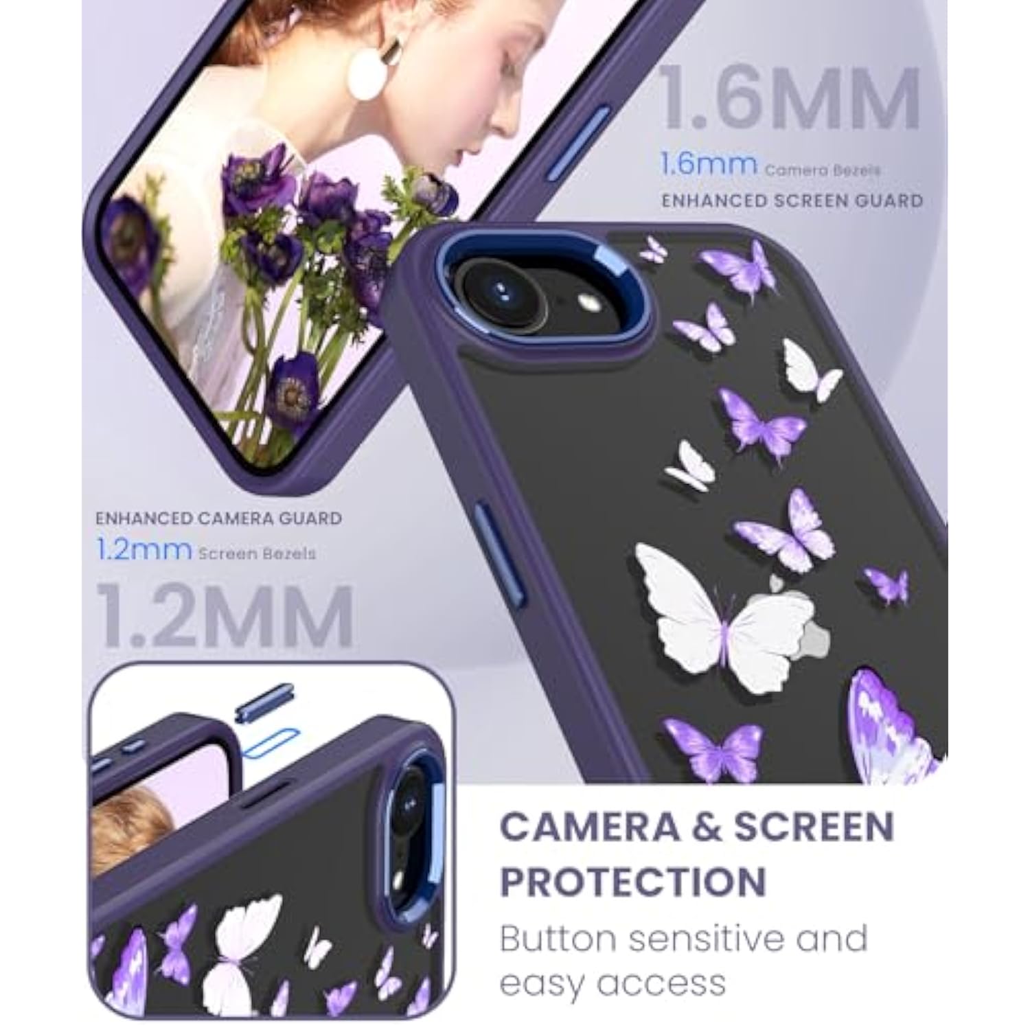 For Iphone 16E Case+Tempered Glass Screen Protector, [ Grade Protective] Slim Soft Tpu & Hard Pc,Girls Women Crystal Clear Flower Pattern Cover For Iphone Se 4Rd Gen 2025-Butterfly