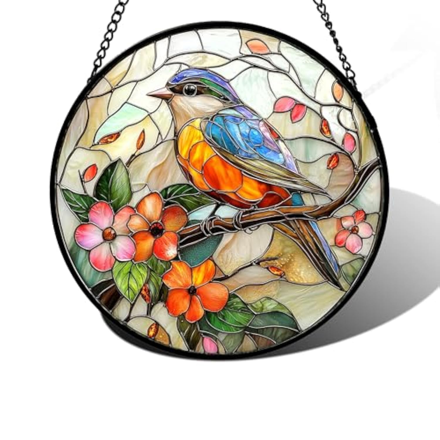 Stained Glass Window Hanging, Blue Bird Pink Flower Suncatcher Diamond Glass Panel Bird Sun Catchers Decor For Birthday For Women, Men, Wife, Aunt, And Mom 6.3 In