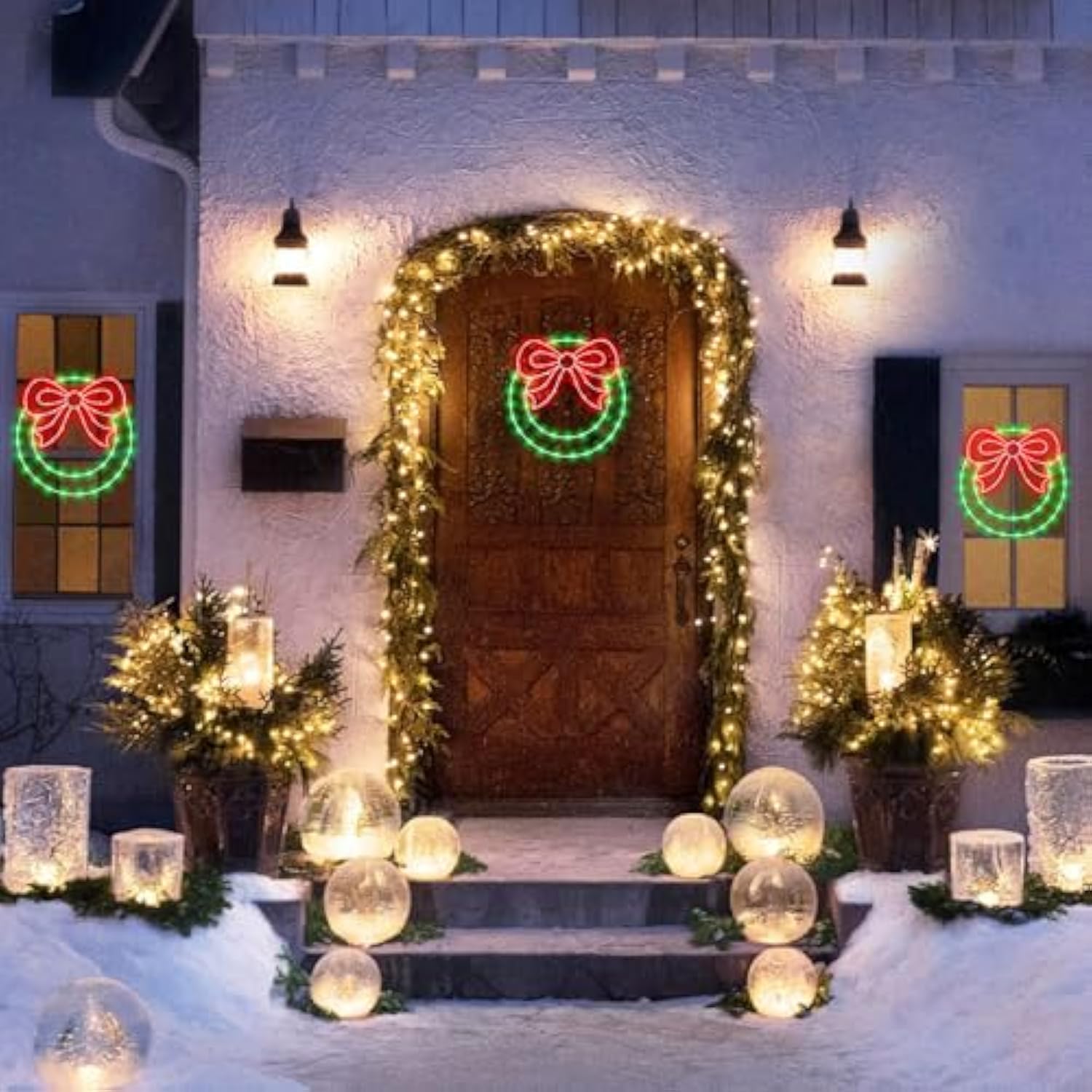 Christmas Wreath Window Lights Decorations, 14" 82Leds Christmas Wreath Lights With Bow, Timer Remote Control Usb Powere