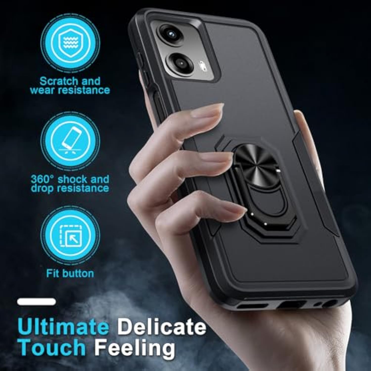 Compatible With Moto G 5G 2024 Case With Screen Protector,Heavy Duty Shockproof Full Body Protective Cover Built In Rotatable Metal Ring Holder Kickstand,Black Matte