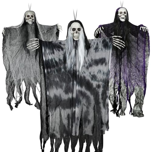 3 Pack Hanging Halloween Skeleton Ghost Decorations, 49.2" Large Grim Reaper with Adjustable Arms and 2 Pcs 31.4" Flying Skull Ghosts for Indoor Outdoor Yard Porch Tree Haunted House Decor
