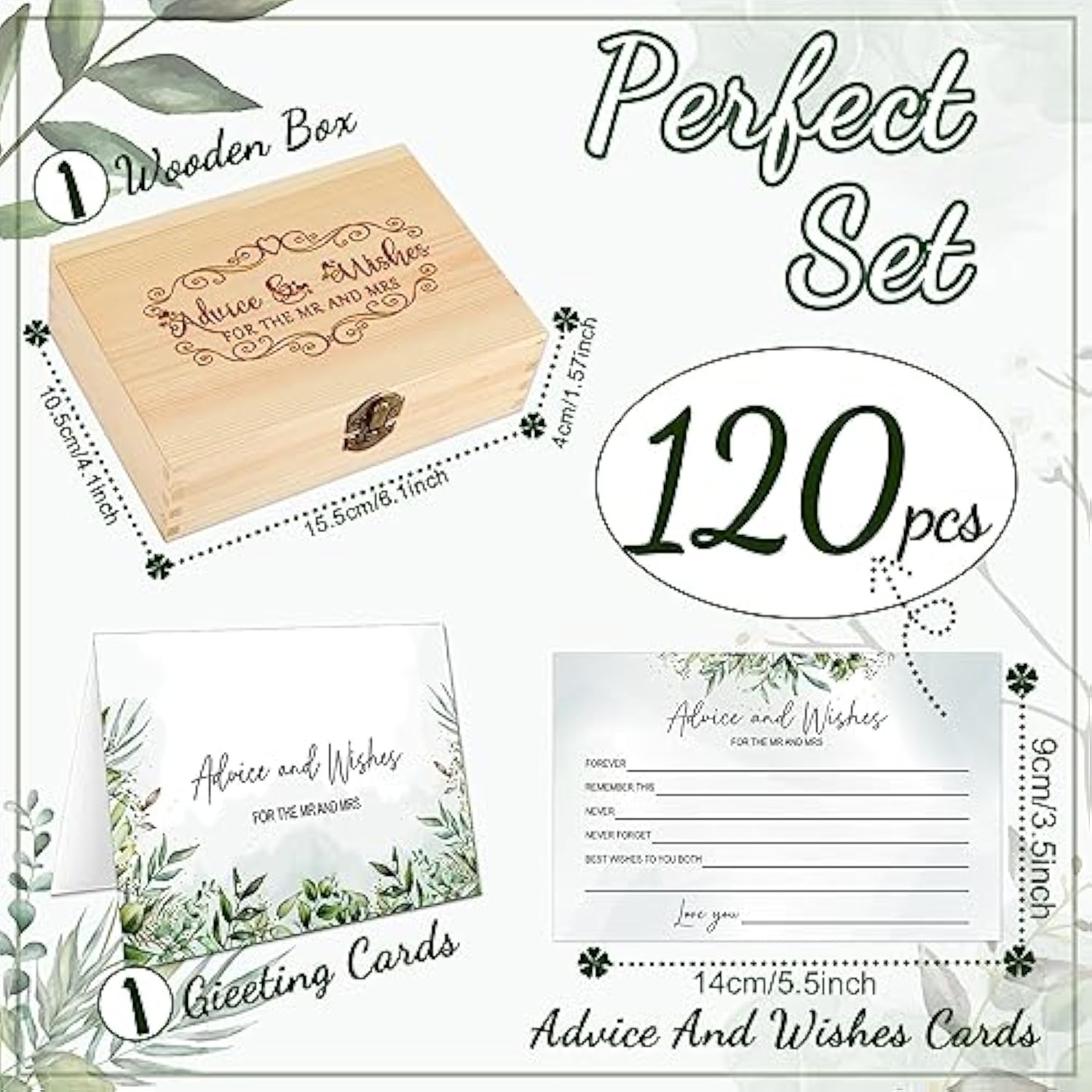 120 Pcs Advice And Wishes For The Mr And Mrs, Greenery Bridal Shower Advice Cards, Wedding Advice Cards For Bride And Groom Wood Box, Bridal Shower Games And Decorations