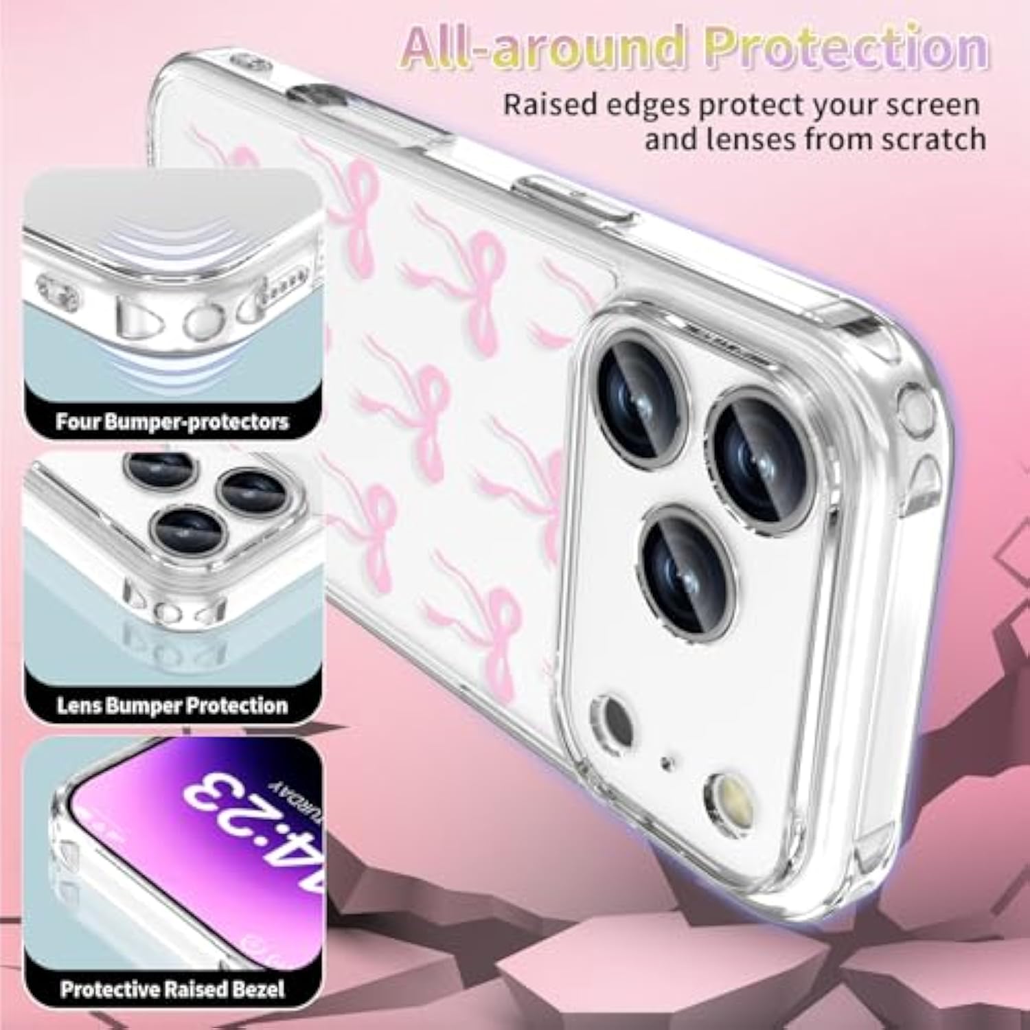 Case Compatible With Iphone 17 Pro Max 6.9 Inch With Screen Protector, Cute Pink Bow Patterns Slim Clear Phone Cover For Women Girl?Full Camera Protection?Anti-Yellowing?Shockproof & Anti-Scratch