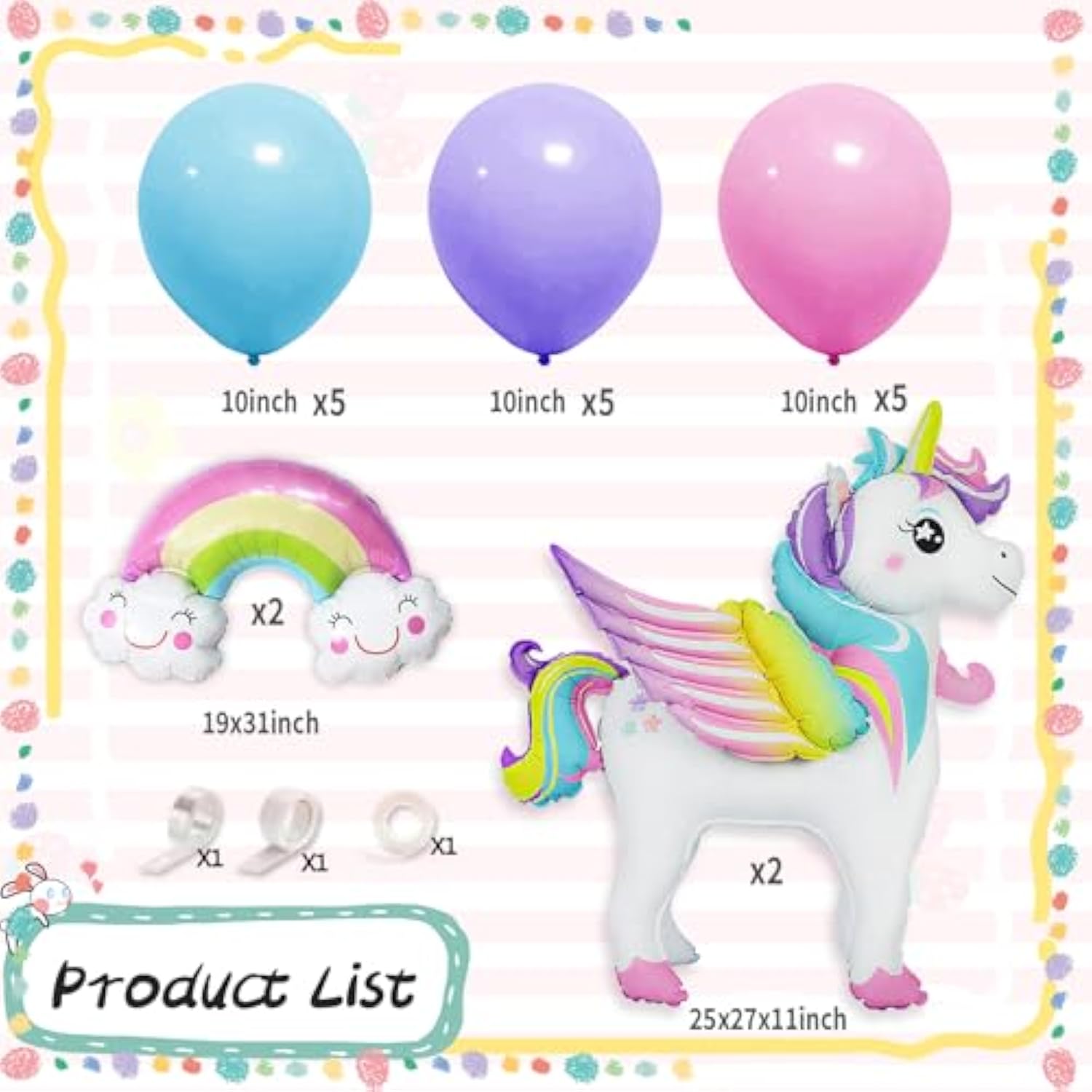 19-Pc Unicorn Balloon Kit Unicorn and Rainbow Latex Balloons for Birthday