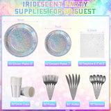 Iridescent Silver Party Supplies Decorations, Holographic Paper Plates And Napkins Set, Disposable Silver Paper Plates Cups Knives Spoons Fork Straw For Disco Bachelorette Birthday Party, Serve 50
