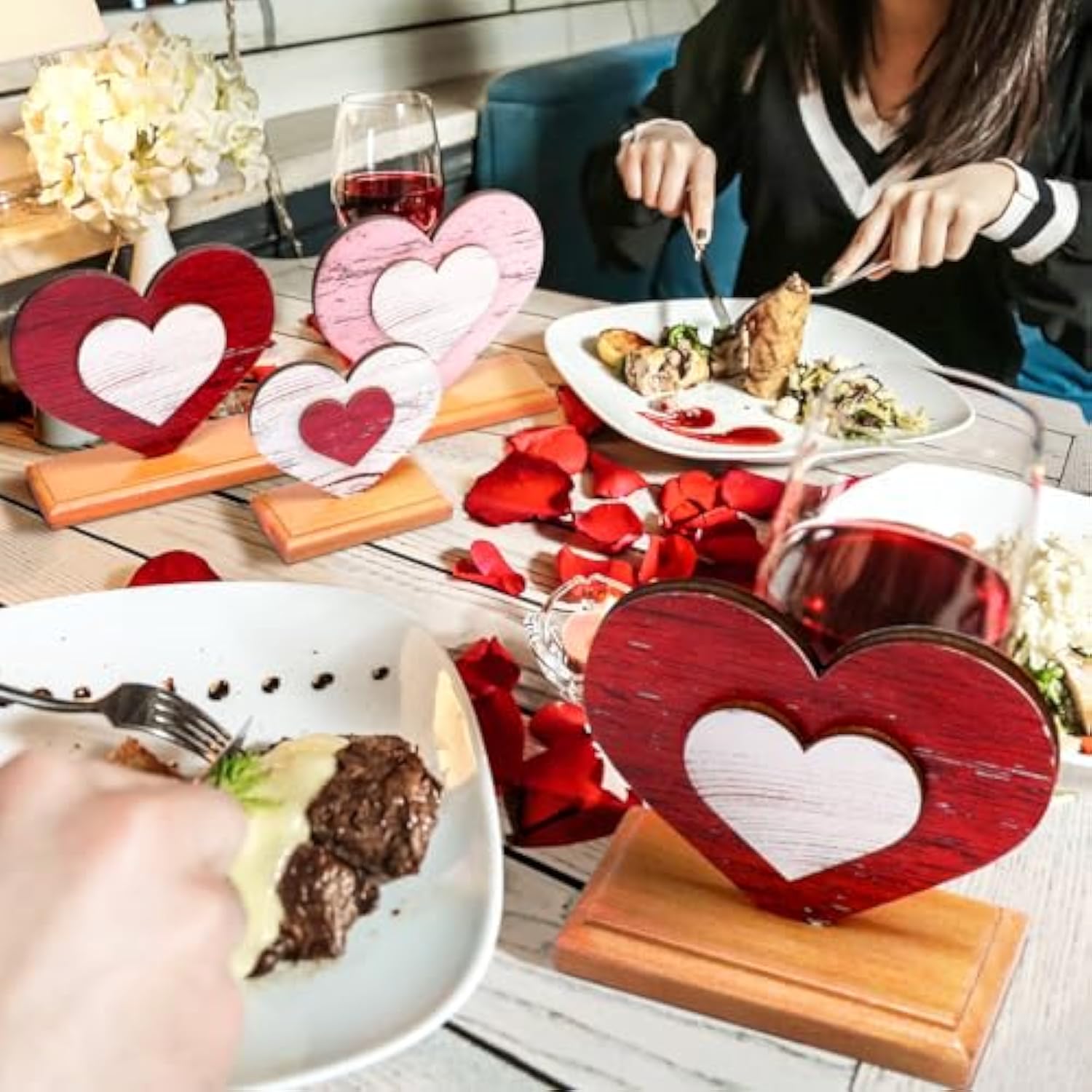 6 Pcs Valentine'S Day Decor Wooden Heart Shaped Table Signs Farmhouse Wood Heart Table Decorations Sign Standing Wooden Tiered Tray Decoration For Valentine Day Ornaments(Classic)