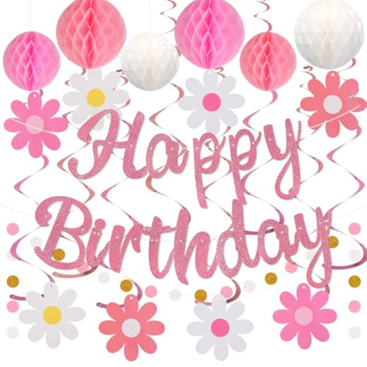 Birthday Decorations, No Diy, Pre-Strung Happy Birthday Banner With Honeycomb Balls, Hanging Swirls, Circle Dots Garland, Happy Birthday Party Decorations For Women Men Boys Girls (Pink)