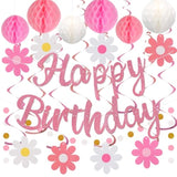 Birthday Decorations, No Diy, Pre-Strung Happy Birthday Banner With Honeycomb Balls, Hanging Swirls, Circle Dots Garland, Happy Birthday Party Decorations For Women Men Boys Girls (Pink)