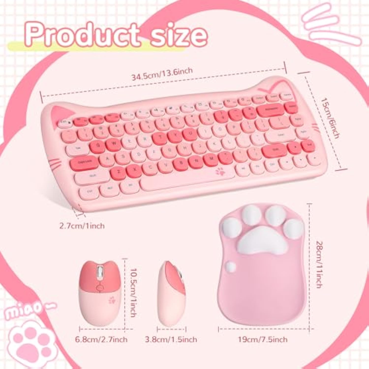 Cute Cat Keyboard And Mouse Combo, Usb Wireless With Cat Paw Mouse Pad, Silent 84 Keys 2.4 Ghz Compatible With Notebook Pc