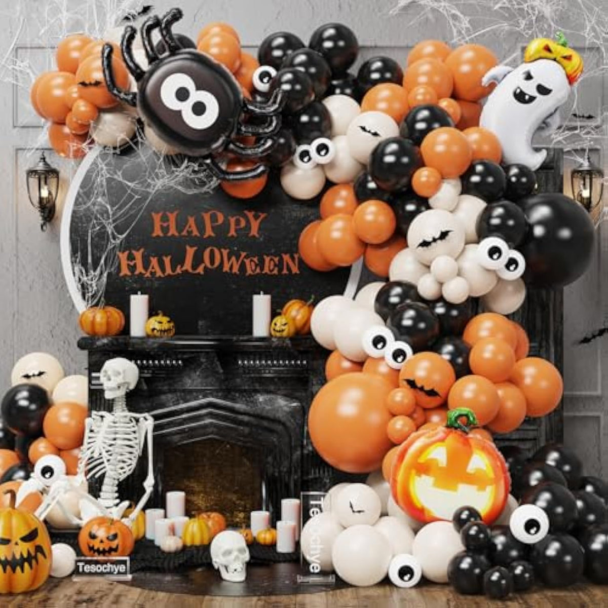 Halloween Balloon Arch Kit – Black Orange White with Spider, Pumpkin & Ghost