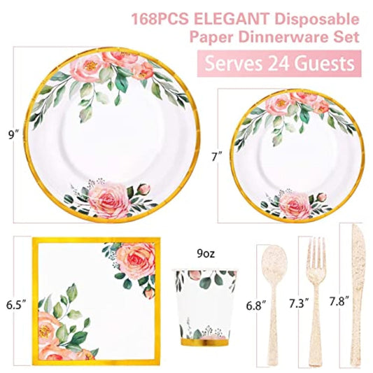 168Pcs Floral Plates And Napkins Party Supplies,Vintage Floral Paper Plates Set With Gold Rim Serve 24 Guests,Floral Disposable Plates Tea Party Supplies For Adults Bridal Shower Decorations