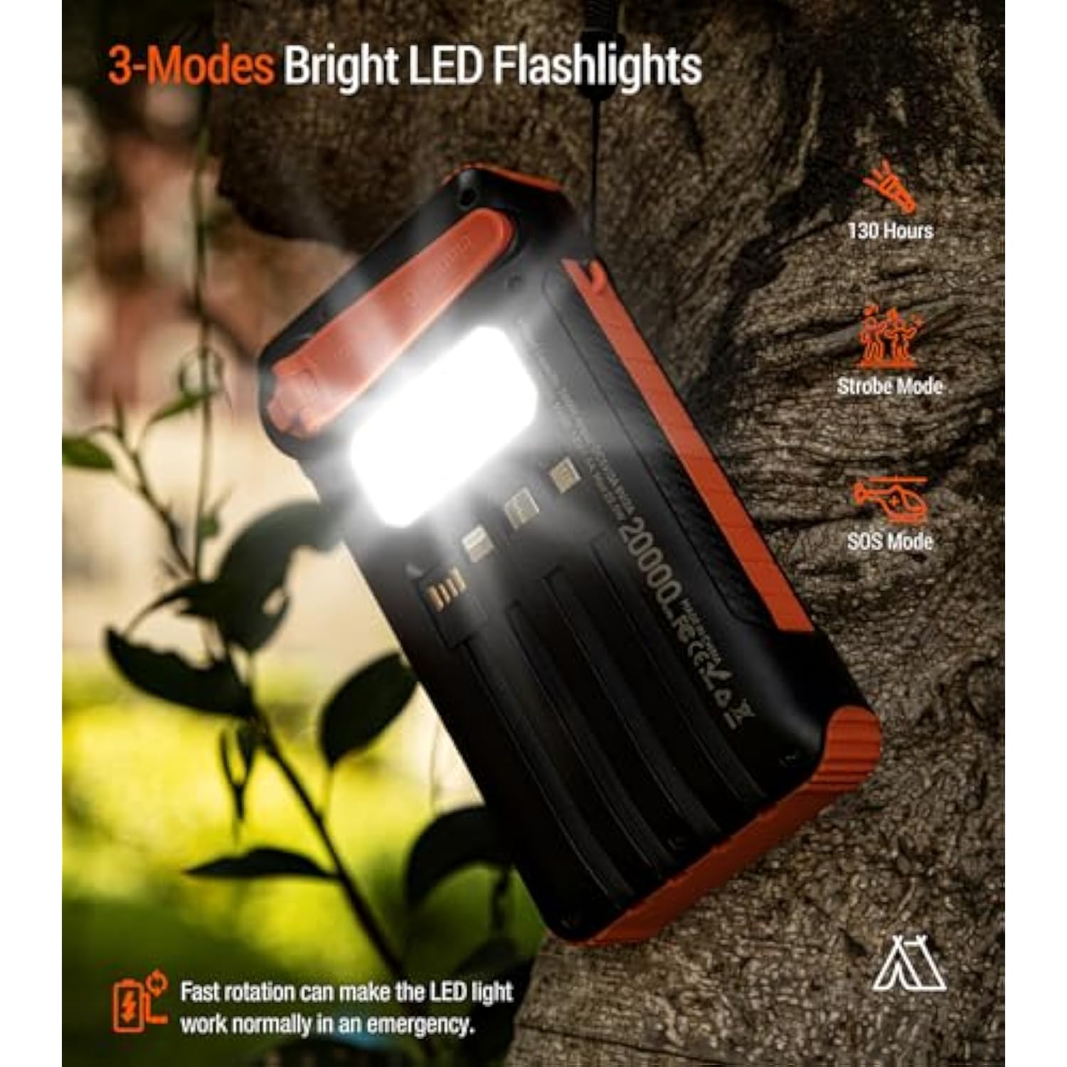 Solar Power Bank 20000Mah Built In Hand Crank And 4 Cables 22.5W Fast Charge Power Bank 5 Outputs & 5 Inputs Solar Portable Charger, Sos/Strobe/Strong Flashlights, Carabiner (Orange)