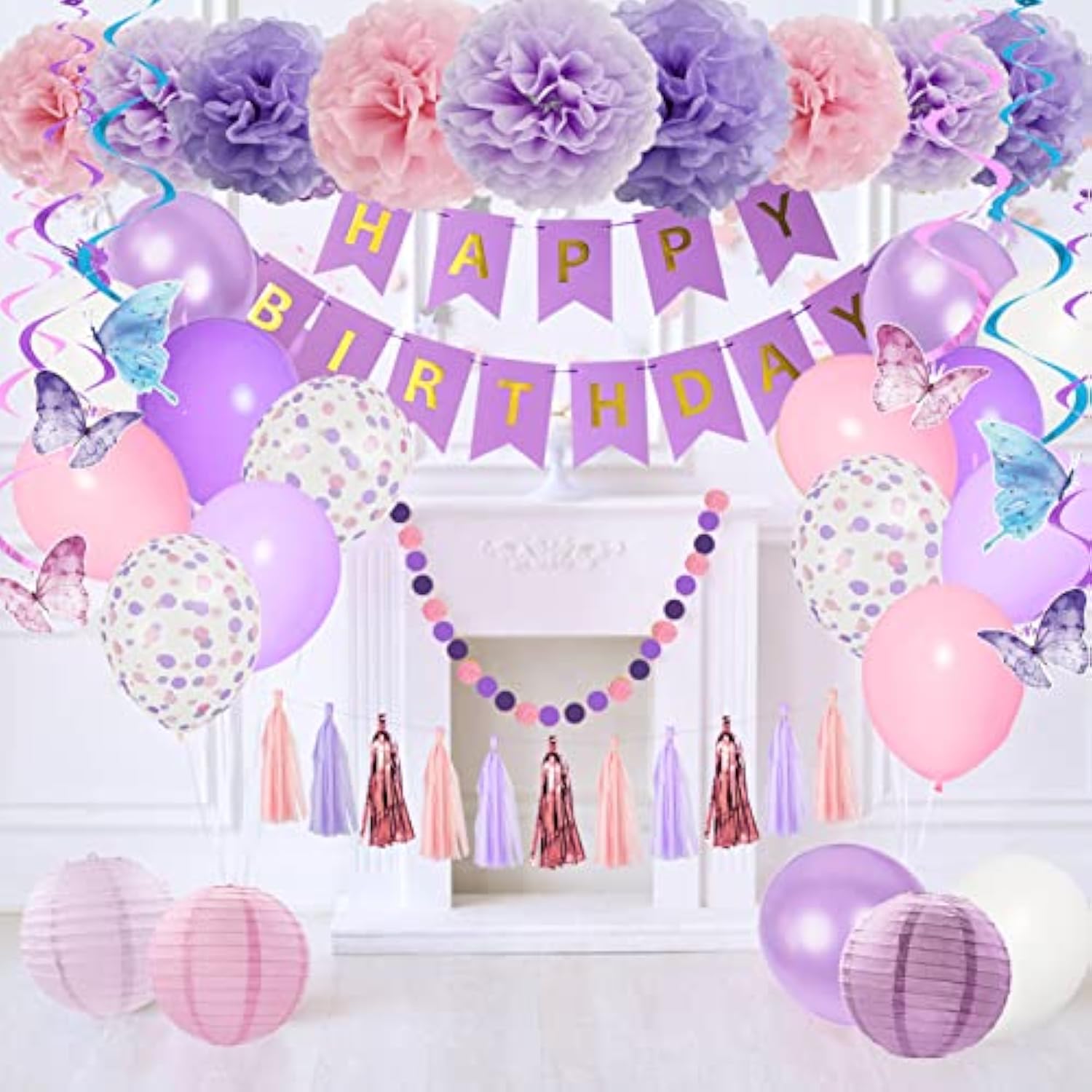 Purple Birthday Decorations For Women Girl Butterfly Birthday Party Decorations Supplies Pink And Purple Balloons Happy Circle Dots Banner Butterfly Hanging Swirl Paper Lanterns Pom