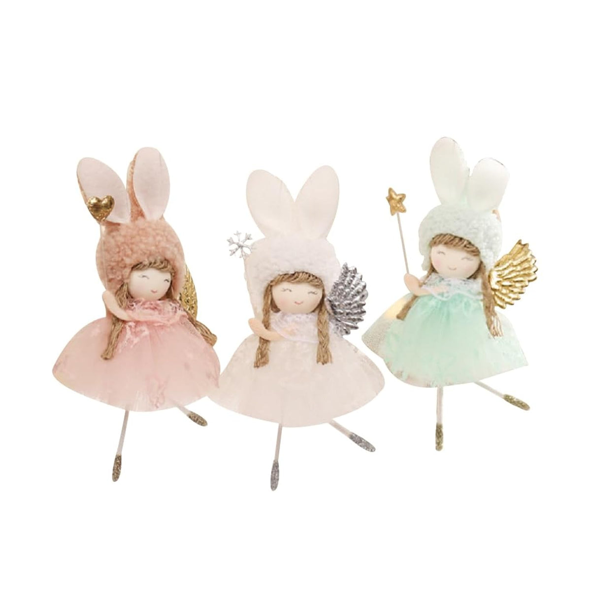 The Christmas/Holidays Ornaments Santa Claus, Snowman, Reindeer, Doll, And Angels. Various Designs Sets. (3, Mixed Colors Bunny Ears Angels)