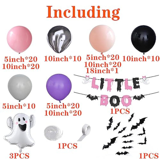Halloween Little Boo Balloon Arch Kit- Rose Pink Purple Balloons With Cute Ghost Balloons Little Boo Banner Bat Wall Stickers For Baby Shower Birthday Party Halloween Party Decoration