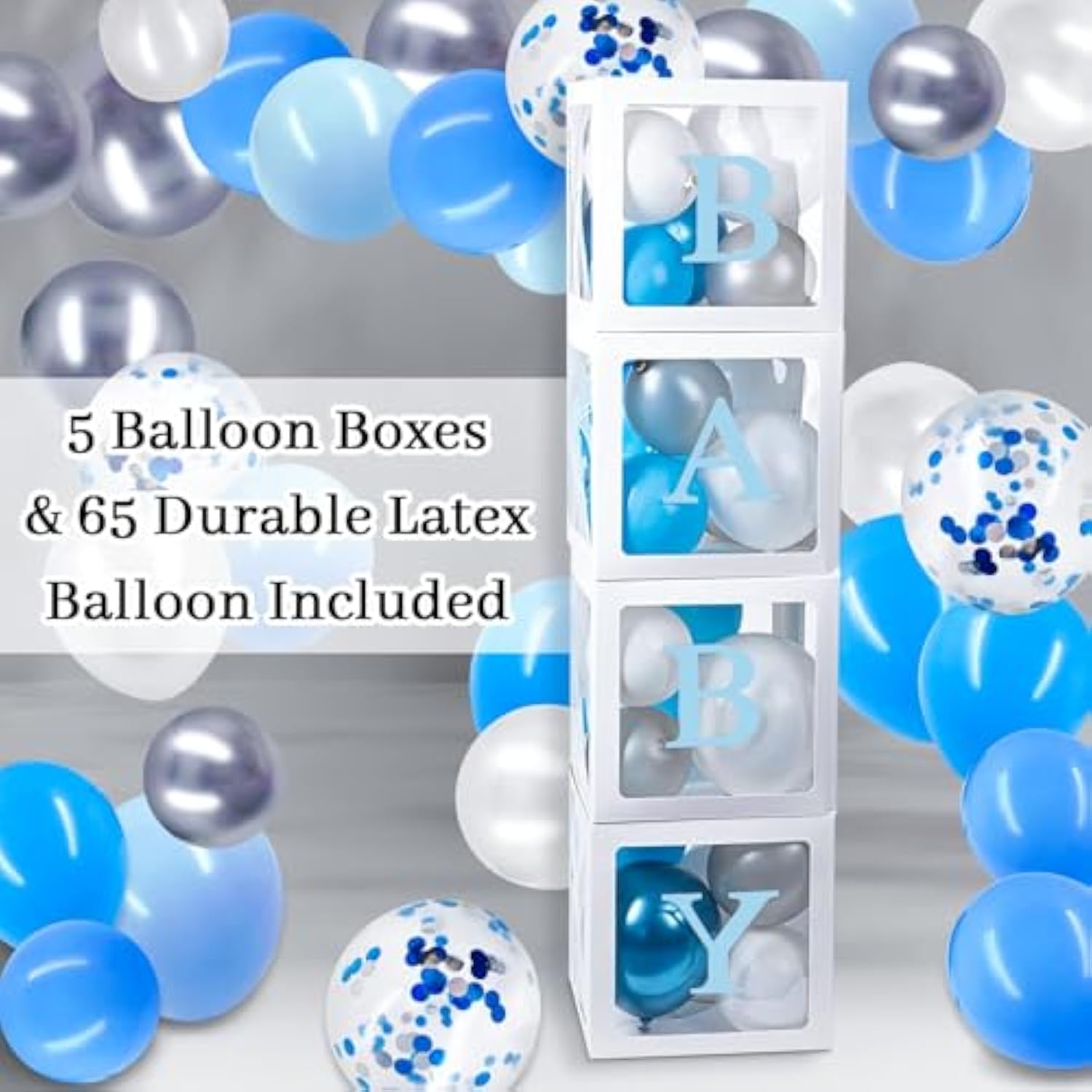 94 Pcs Baby Shower Decorations For Boy, 5 Pcs White Balloon Boxes, 70 Pcs Latex Balloons, Blue Elephant Theme Baby Shower Decorations Gender Reveal Party Supplies