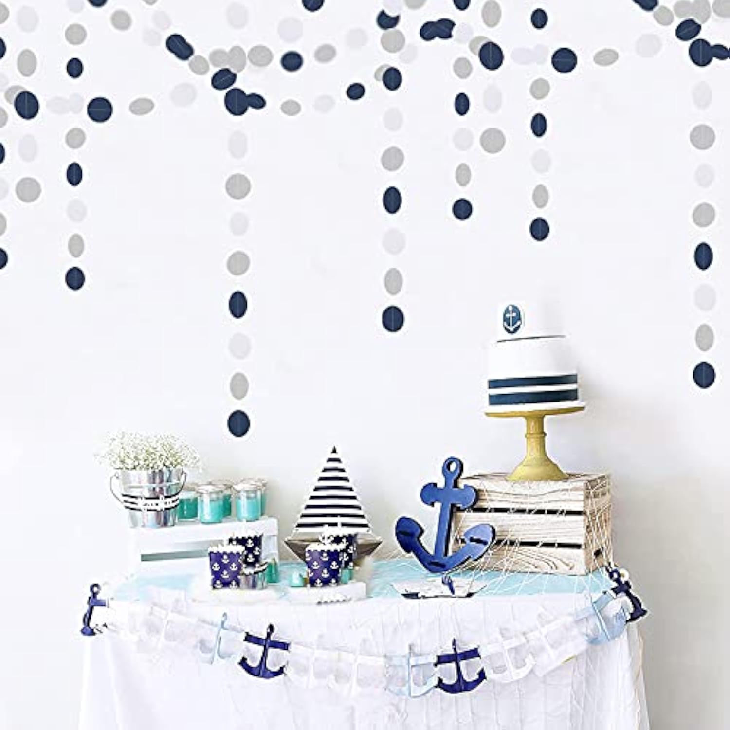 Navy Blue White Silver Paper Garland,52Ft Gender Reveal Hanging Decoration Streamer Banner,Graduation Engagement Christmas Wedding Birthday Party Backdrop Bunting