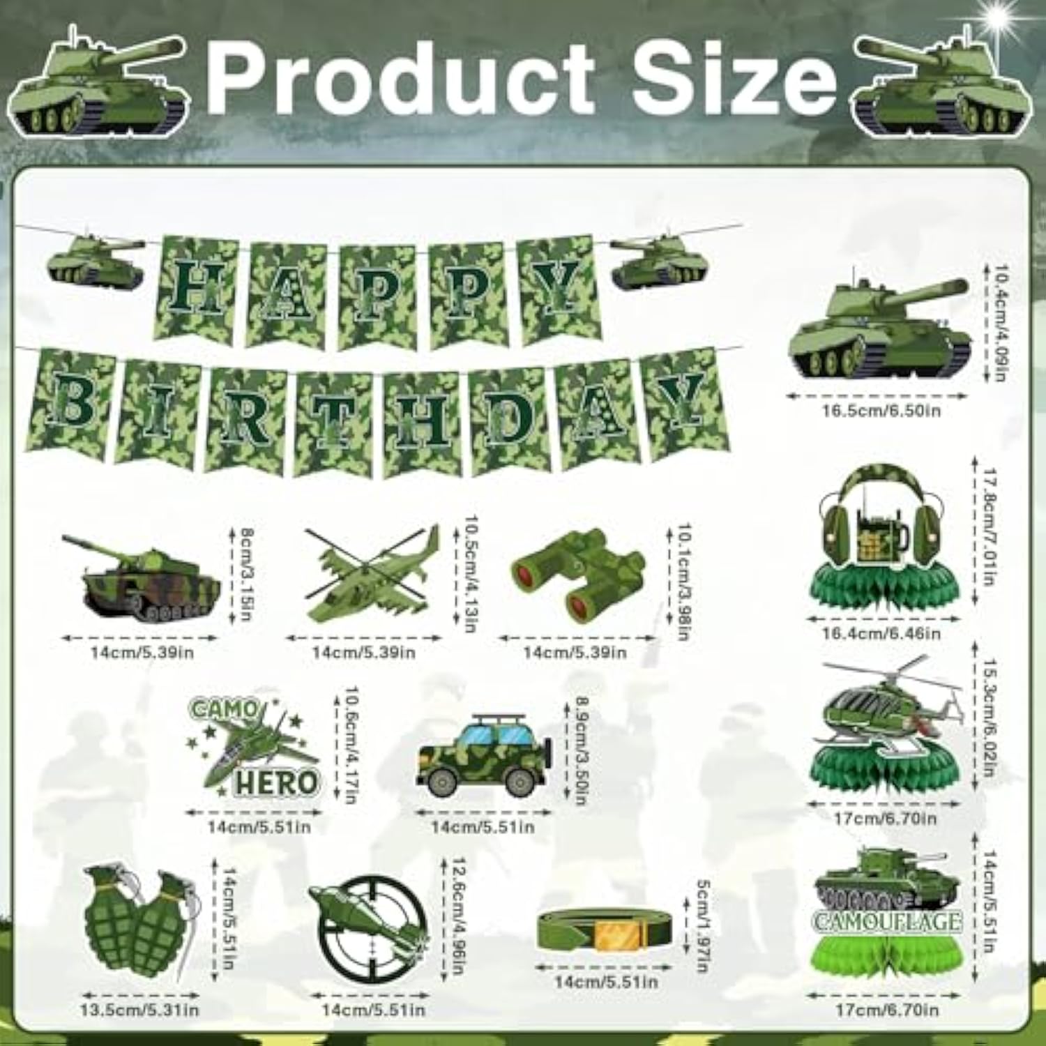 Camo Birthday Party Decorations - 13Pcs Army Party Decorations Set Military Themed Happy Birthday Banner Hanging Swirls Honeycomb Centerpieces Decor Supplies For Boys