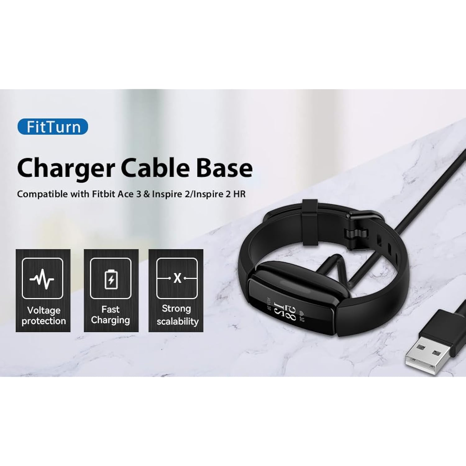 Compatible With Fitbit Inspire 2 & Inspire 2 Hr Charger Usb Charger 3.3Ft & 30Cm Replacement Usb Charging Cable Base Data Sync (30Cm-Black)