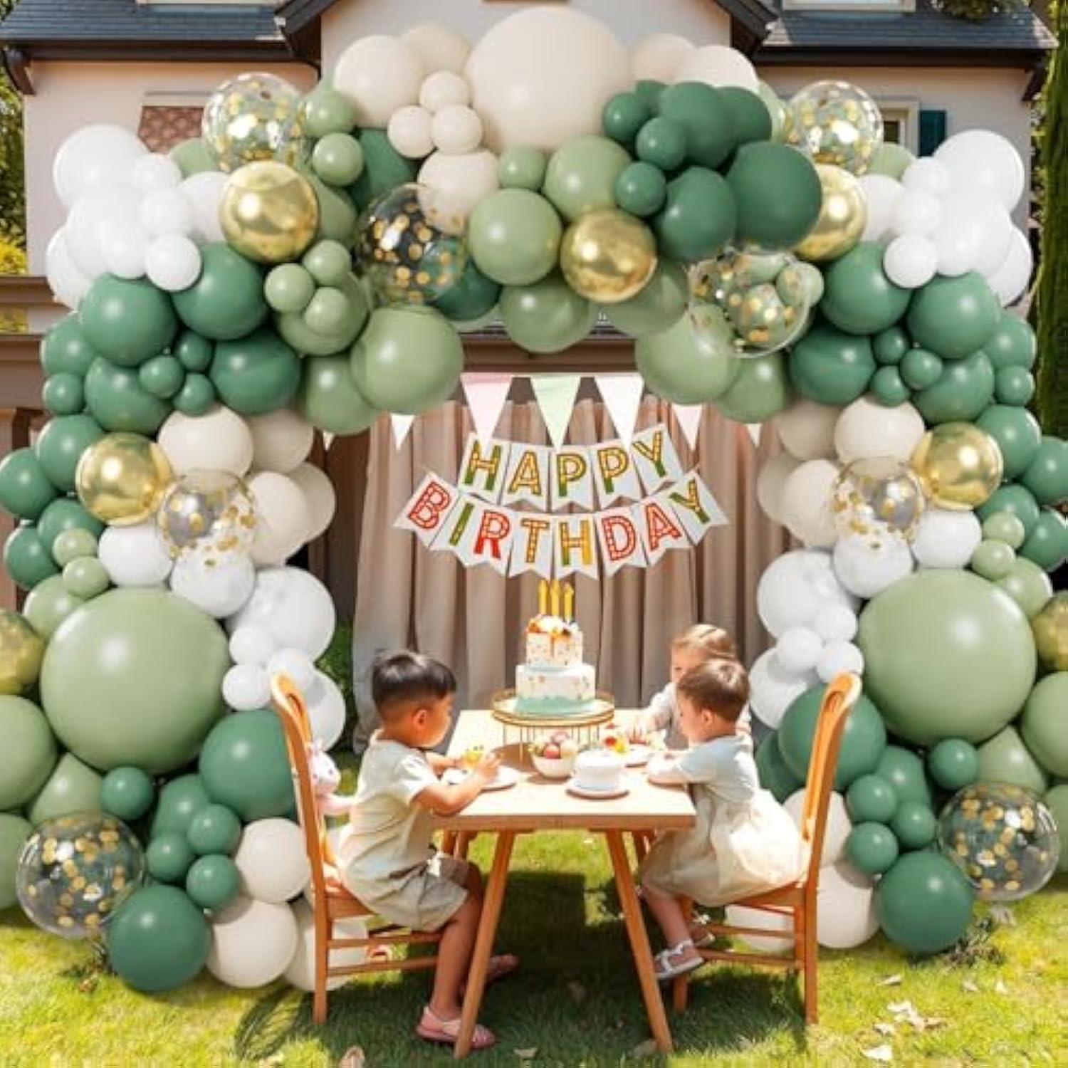 Sage Green Balloon Garland Kit – Olive, White & Gold Balloons with Confetti for Party Decor