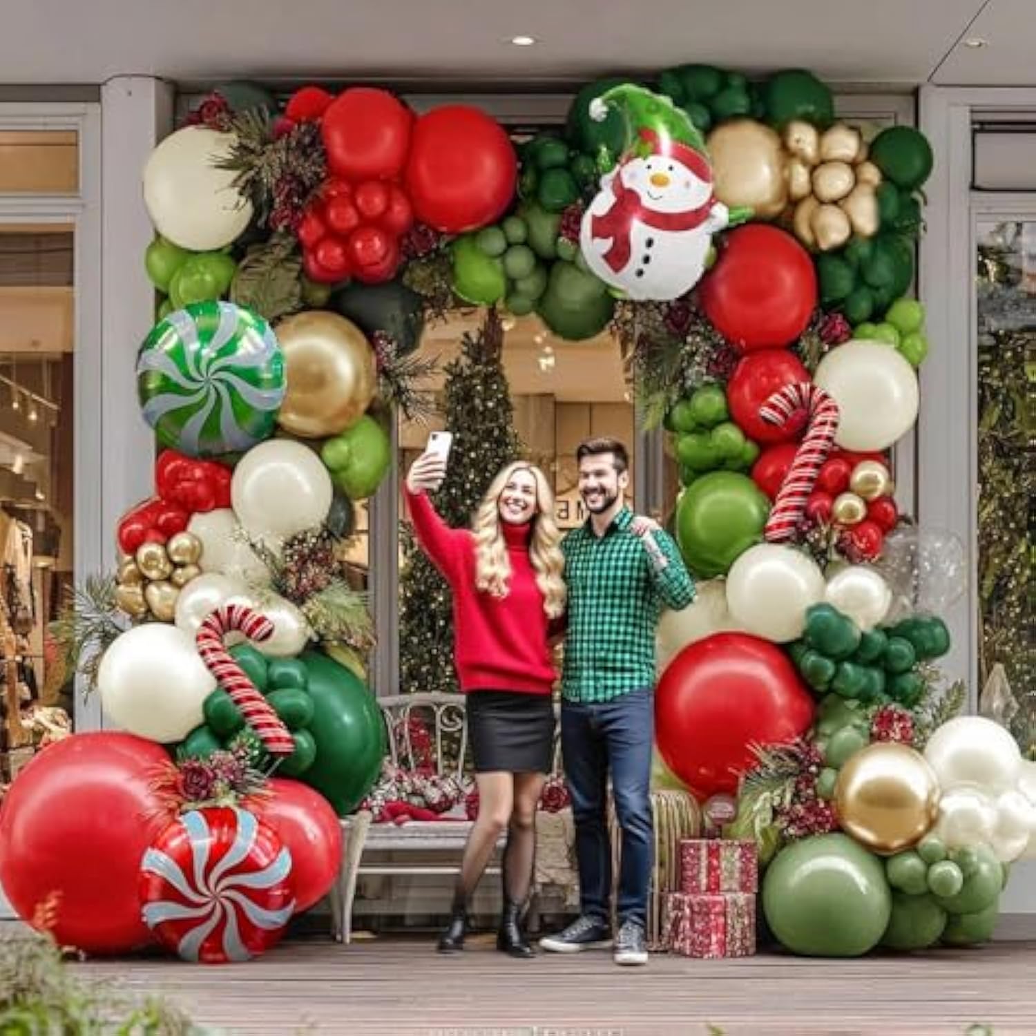 Christmas Balloon Garland Double Stuffed Sage Olive Green Red Gold Pearl White Sand Balloon Arch Kit Cane Santa Claus Balloons For Birthday New Year Xmas Christmas Eve Party Decorations